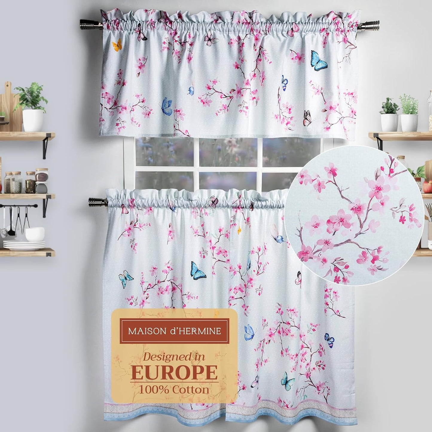 Maison d'Hermine Kitchen Curtains Sets for Windows 100% Cotton Set of Kitchen Curtains Valances for Cafe Home [2 Tiers (28"X36") and 1 Valance (56"X18")] - Easter Decorations (Passiflora)