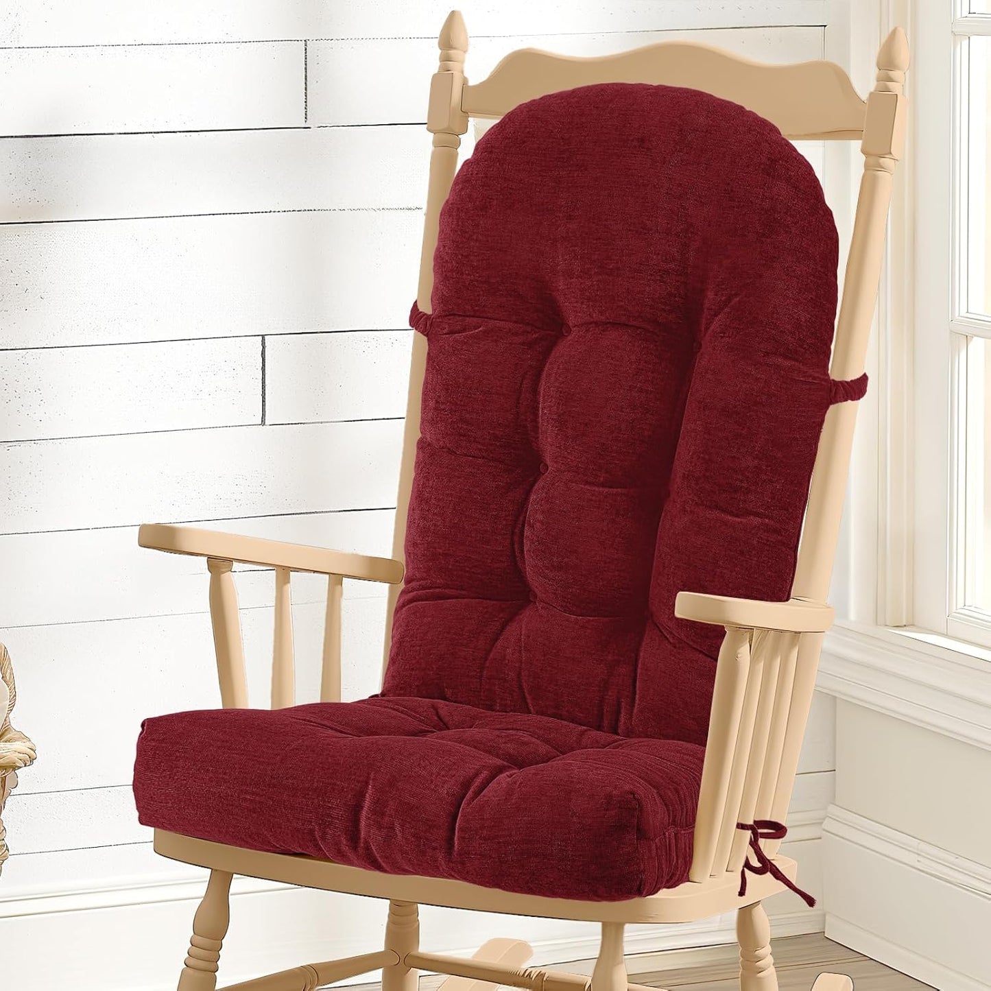 Rocking Chair Cushion - Chenille Fabric, High-Density Sponge, Durable Comfort Non-Slip Bottom Tufted Seat Pads with Ties, Chenille︱Oyster White, 44x19x4 inch