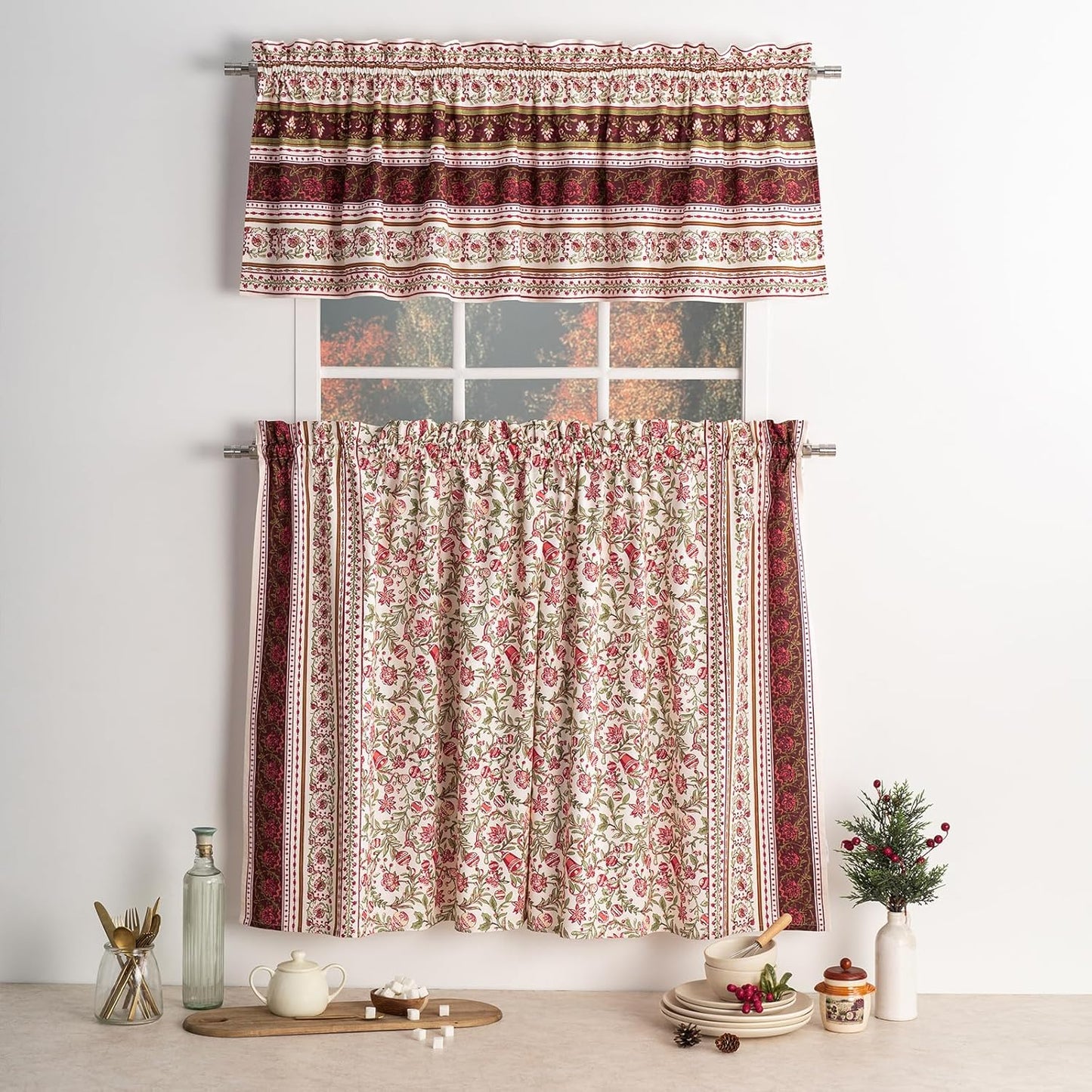 Maison d'Hermine Kitchen Curtains Sets for Windows 100% Cotton Set of Kitchen Curtains Valances for Cafe Home [2 Tiers (28"X36") and 1 Valance (56"X18")] - Easter Decorations (Passiflora)
