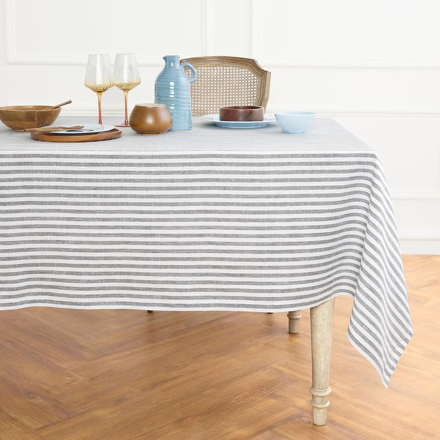 Solino Home Linen Tablecloth 60 x 90 Inch - Amalfi Stripe 100% Pure Linen Natural and White Table Cloth for Rectangle Tables - Machine Washable Tablecloth for Fall, Autumn, Thanksgiving