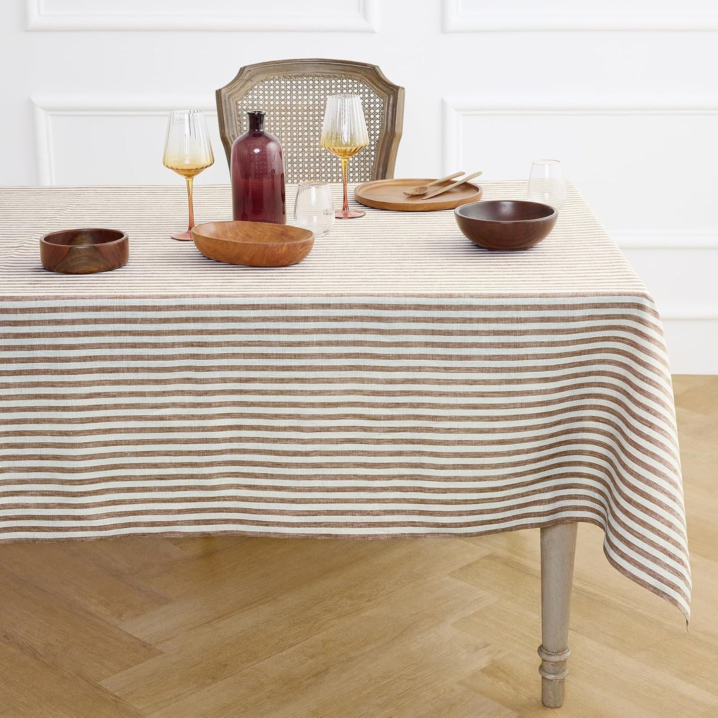 Solino Home Linen Tablecloth 60 x 90 Inch - Amalfi Stripe 100% Pure Linen Natural and White Table Cloth for Rectangle Tables - Machine Washable Tablecloth for Fall, Autumn, Thanksgiving