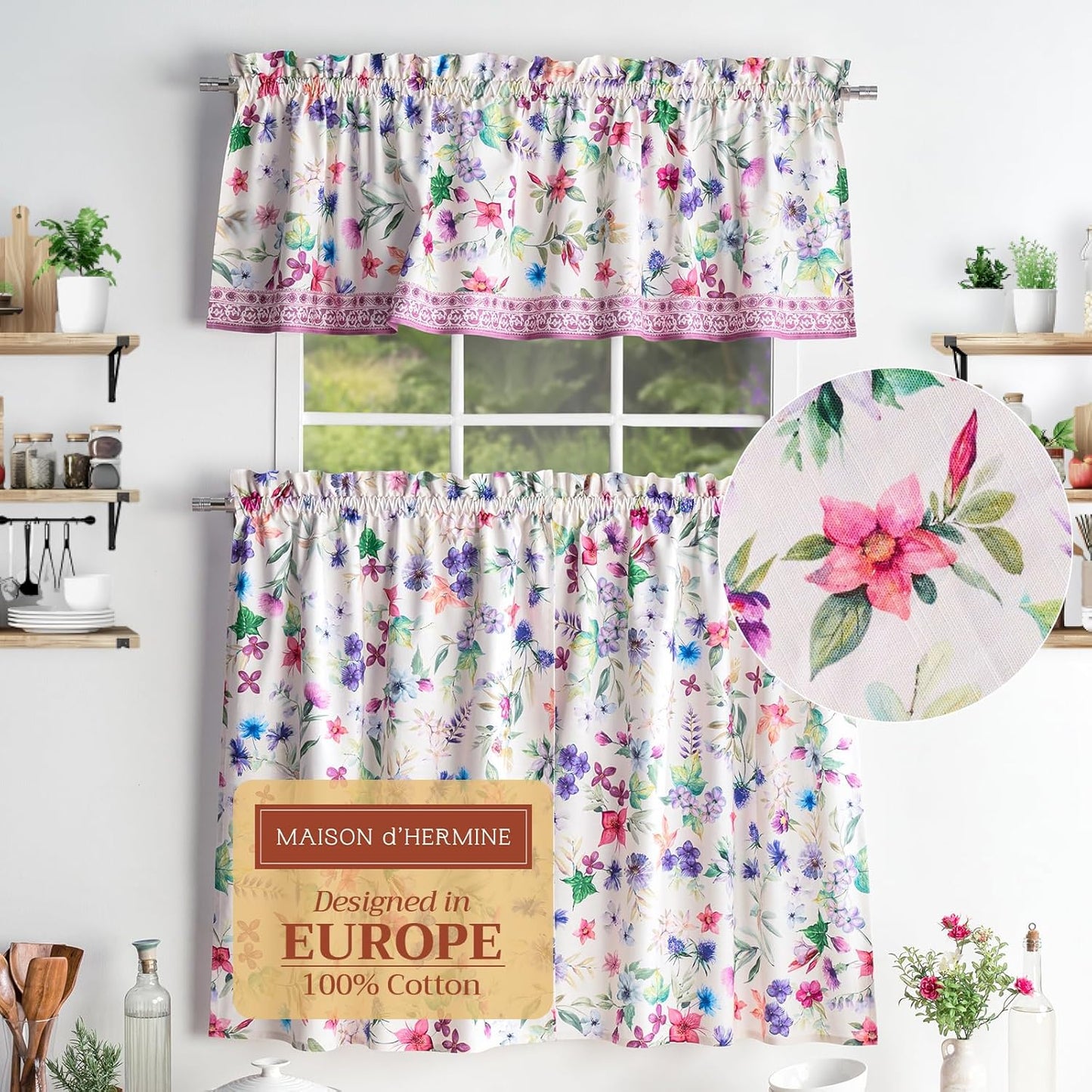 Maison d'Hermine Kitchen Curtains Sets for Windows 100% Cotton Set of Kitchen Curtains Valances for Cafe Home [2 Tiers (28"X36") and 1 Valance (56"X18")] - Easter Decorations (Happy Florals)