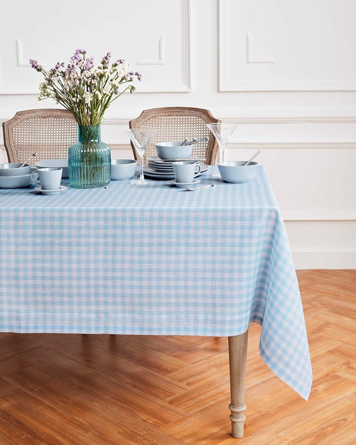 Solino Home Linen Tablecloth 60 x 108 Inch - 100% Pure Linen Gingham Checkered Natural Tablecloth for Rectangular Tables - Machine Washable Table Cloth for Fall, Autumn, Thanksgiving