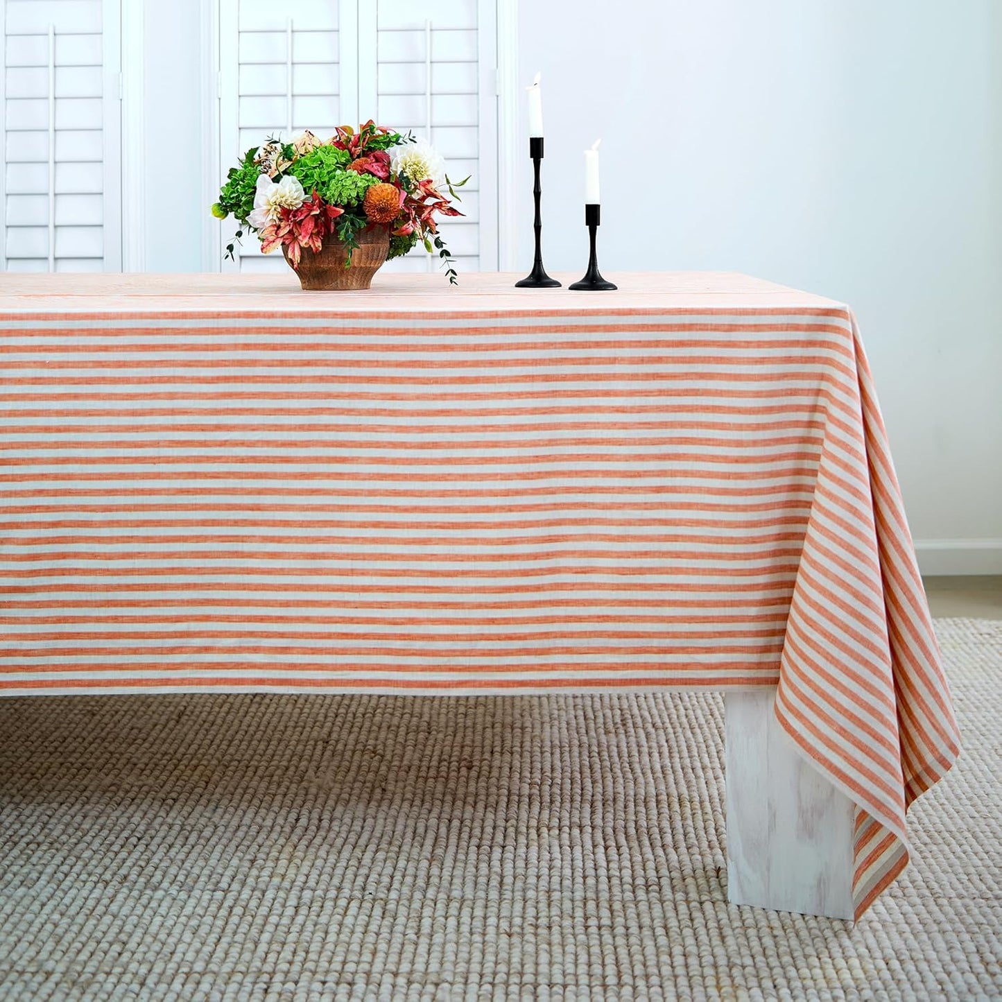 Solino Home Linen Tablecloth 60 x 90 Inch - Amalfi Stripe 100% Pure Linen Natural and White Table Cloth for Rectangle Tables - Machine Washable Tablecloth for Fall, Autumn, Thanksgiving