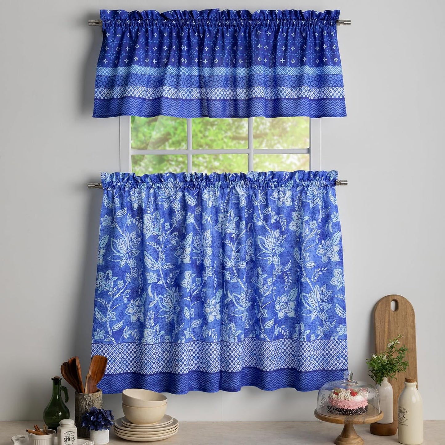 Maison d'Hermine Kitchen Curtains Sets for Windows 100% Cotton Set of Kitchen Curtains Valances for Cafe Home [2 Tiers (28"X36") and 1 Valance (56"X18")] - Easter Decorations (Passiflora)