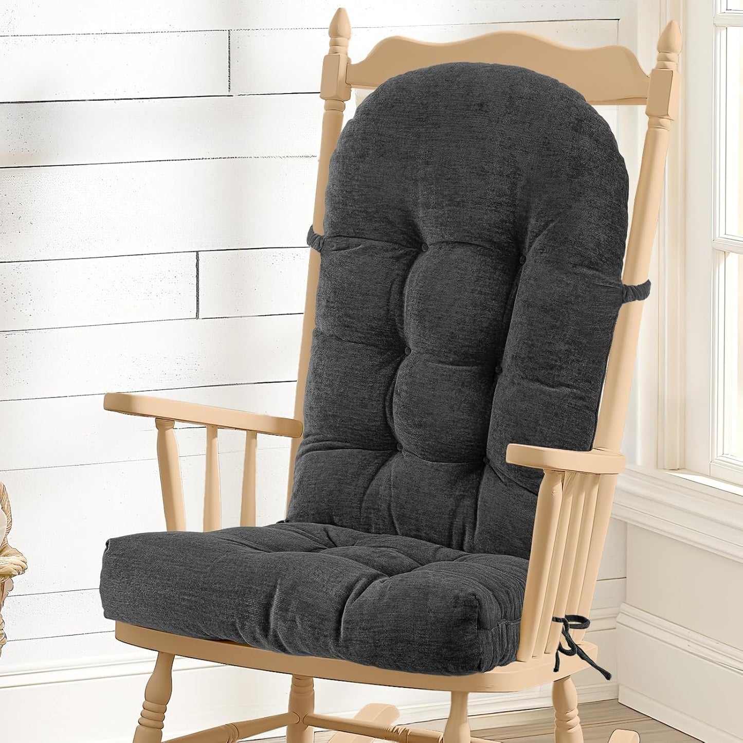 Rocking Chair Cushion - Chenille Fabric, High-Density Sponge, Durable Comfort Non-Slip Bottom Tufted Seat Pads with Ties, Chenille︱Oyster White, 44x19x4 inch