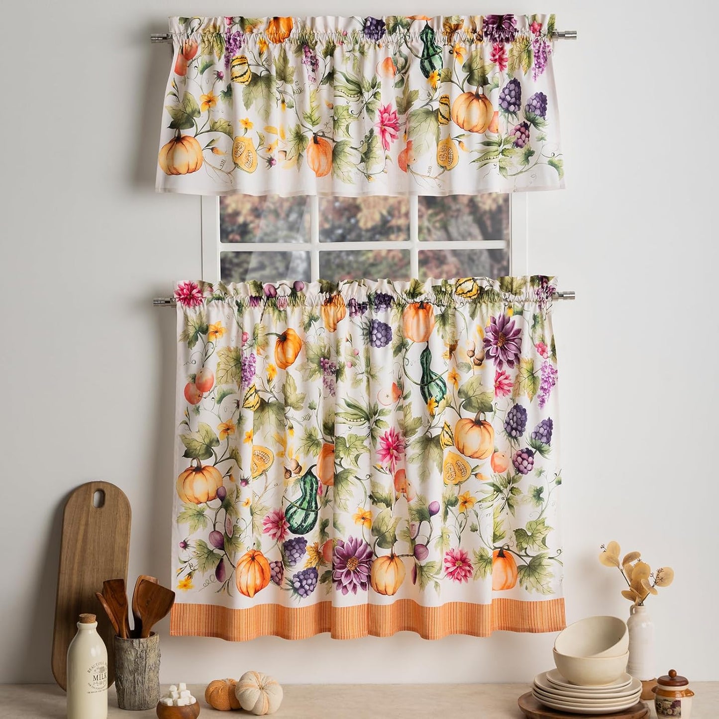 Maison d'Hermine Kitchen Curtains Sets for Windows 100% Cotton Set of Kitchen Curtains Valances for Cafe Home [2 Tiers (28"X36") and 1 Valance (56"X18")] - Easter Decorations (Passiflora)