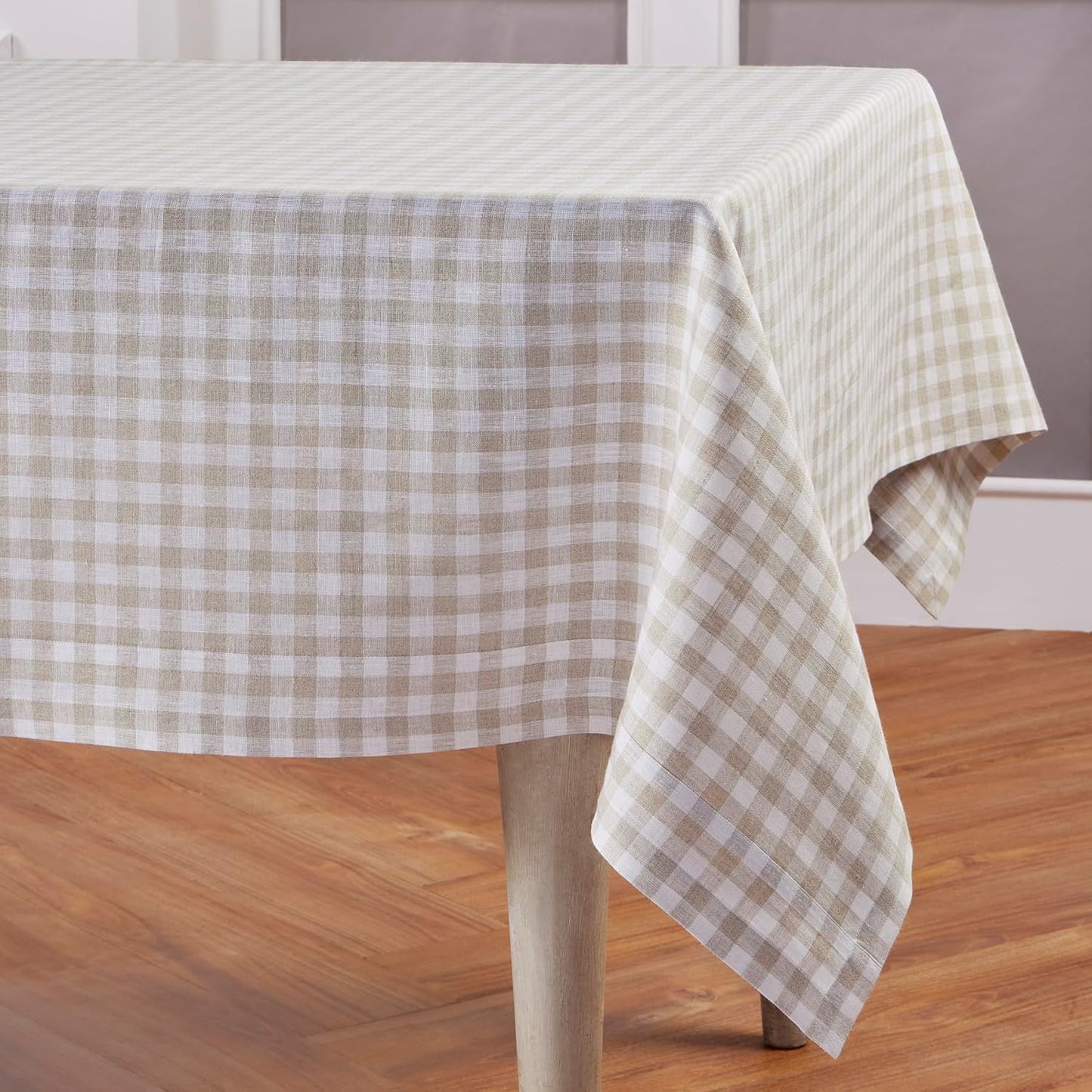 Solino Home Linen Tablecloth 60 x 108 Inch - 100% Pure Linen Gingham Checkered Natural Tablecloth for Rectangular Tables - Machine Washable Table Cloth for Fall, Autumn, Thanksgiving