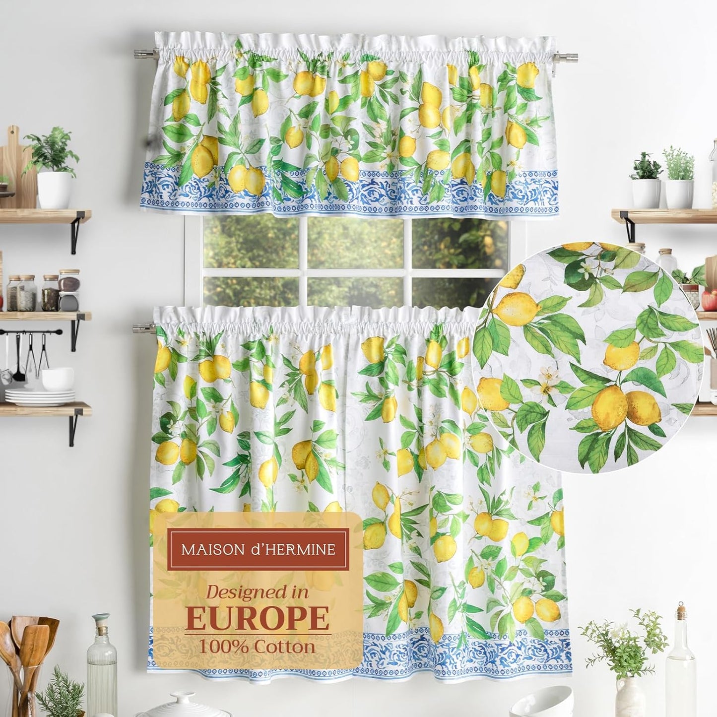Maison d'Hermine Kitchen Curtains Sets for Windows 100% Cotton Set of Kitchen Curtains Valances for Cafe Home [2 Tiers (28"X36") and 1 Valance (56"X18")] - Easter Decorations (Happy Florals)