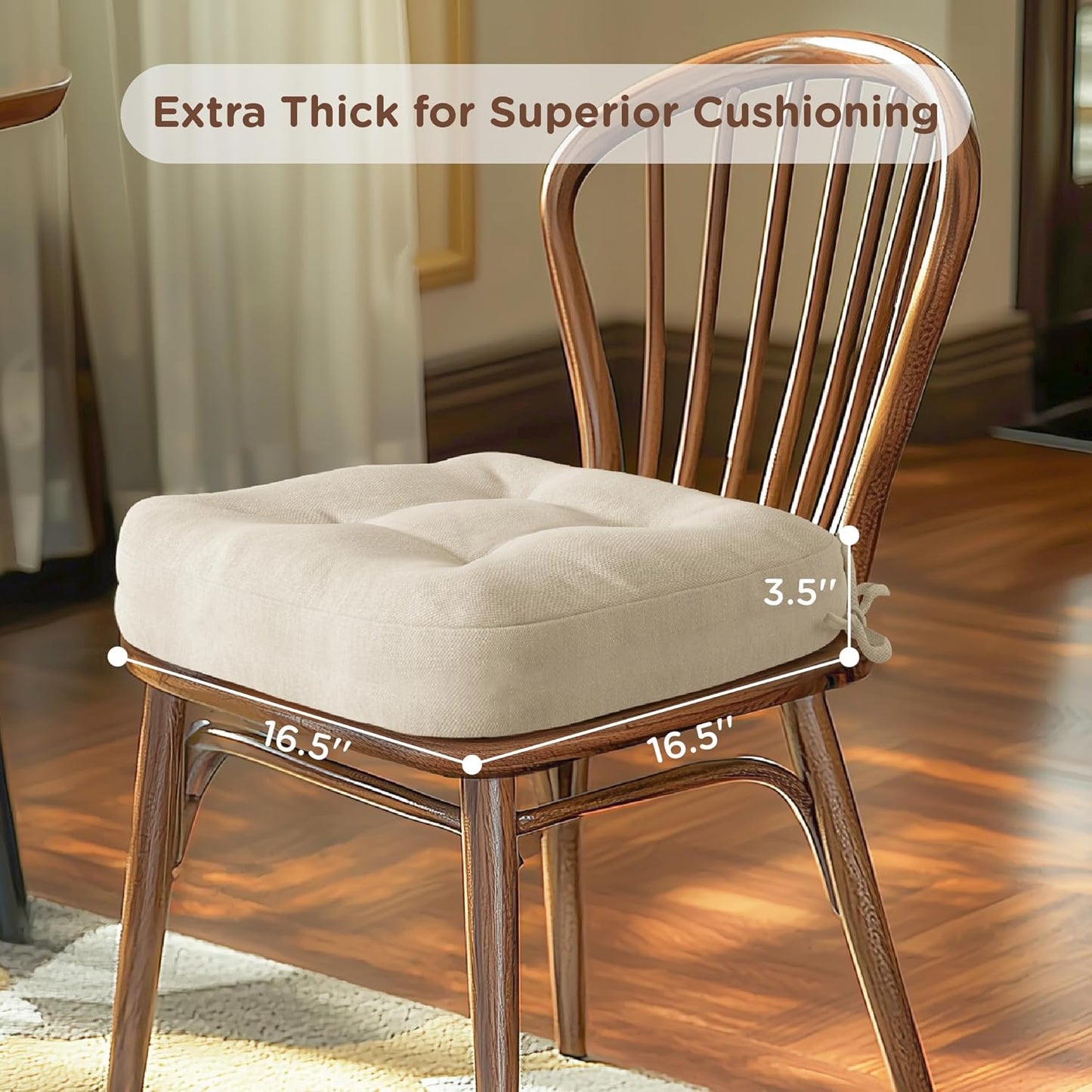 Codi Dining Chair Cushions 4 Pack, Thick Chairs Pads for Indoor Kitchen Room - Washable, Non-Slip Seat Cushion with Ties, 16.5"x16.5"x 3.5", Set of 4, Beige