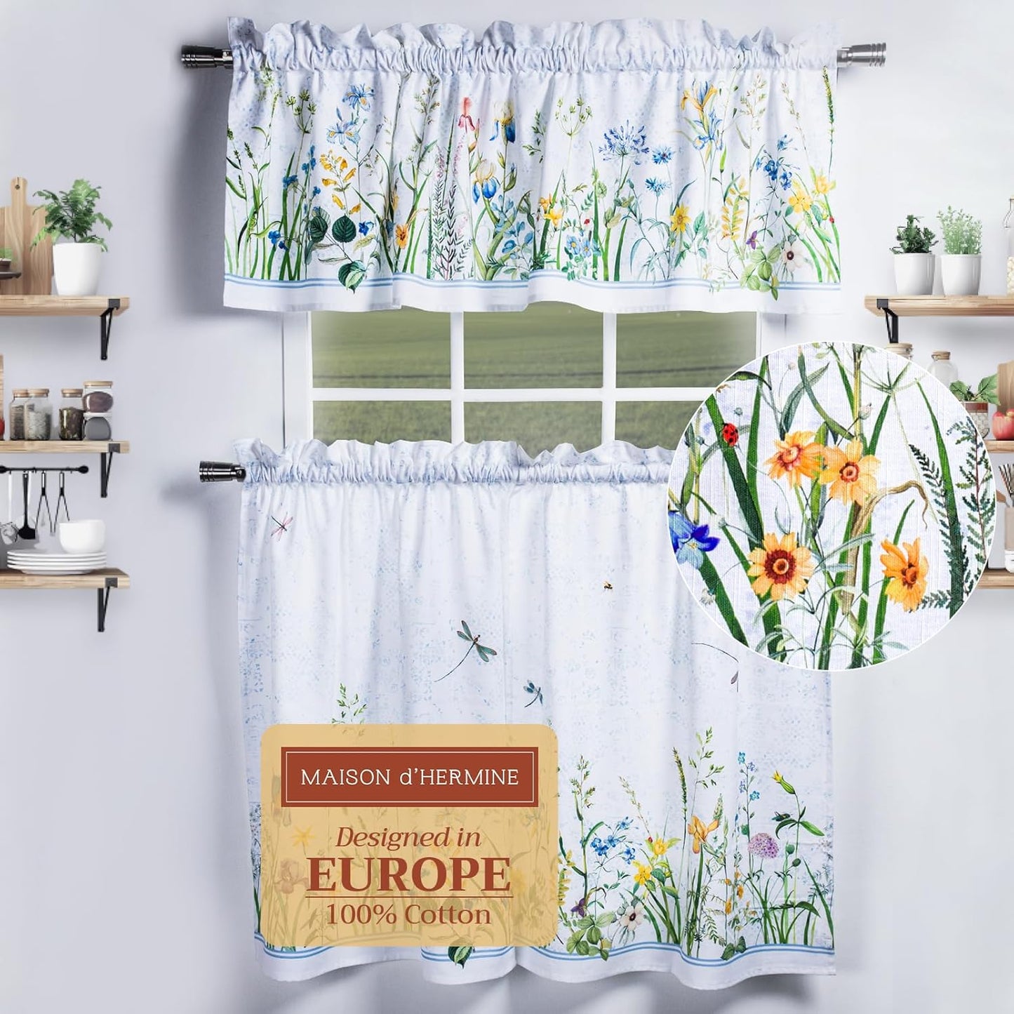 Maison d'Hermine Kitchen Curtains Sets for Windows 100% Cotton Set of Kitchen Curtains Valances for Cafe Home [2 Tiers (28"X36") and 1 Valance (56"X18")] - Easter Decorations (Happy Florals)