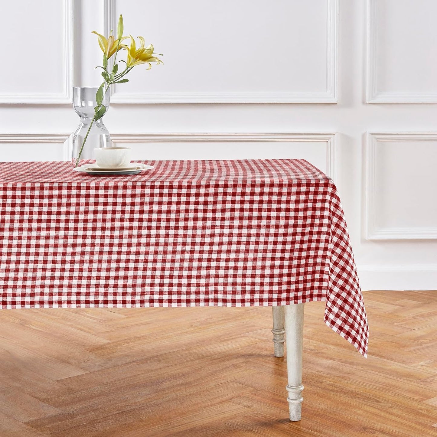 Solino Home Linen Tablecloth 60 x 108 Inch - 100% Pure Linen Gingham Checkered Natural Tablecloth for Rectangular Tables - Machine Washable Table Cloth for Fall, Autumn, Thanksgiving