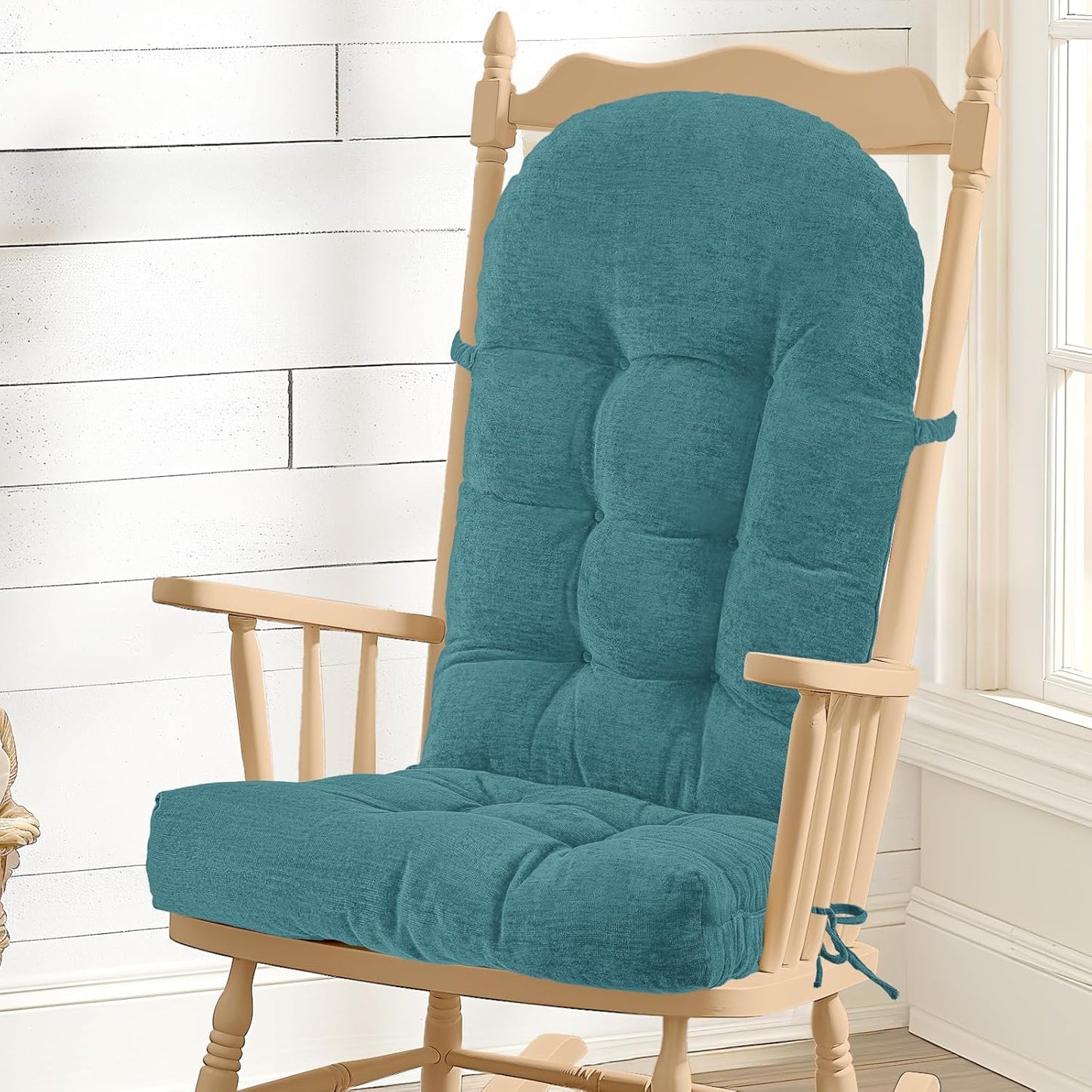 Rocking Chair Cushion - Chenille Fabric, High-Density Sponge, Durable Comfort Non-Slip Bottom Tufted Seat Pads with Ties, Chenille︱Oyster White, 44x19x4 inch