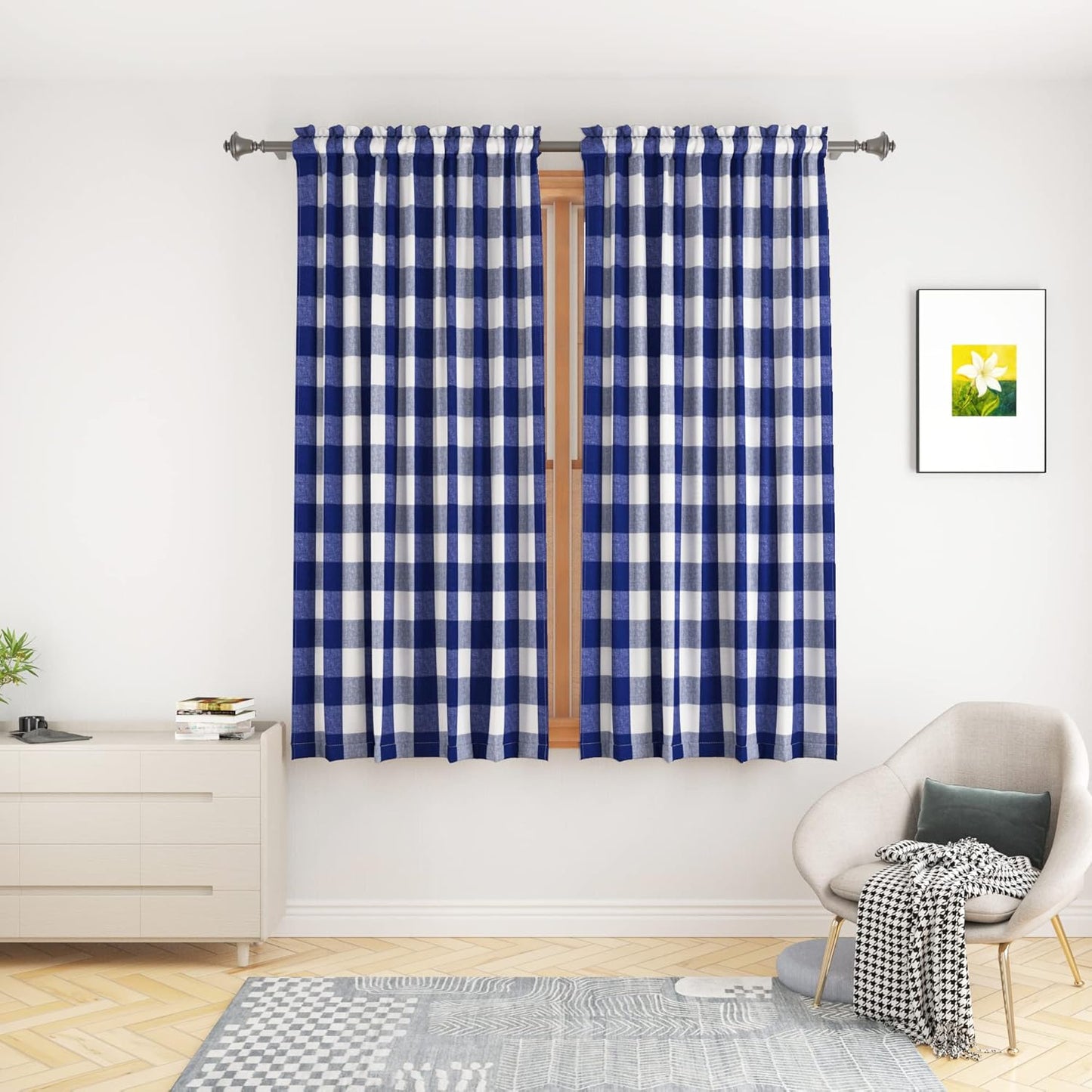 UPOPO Buffalo Check Window Curtains 63 inches Long Living Room Bedroom Cotton Plaid Gingham Farmhouse Rustic Decor Curtains 2 Panels Rod Pocket Kitchen Basement Curtain Panels Navy Blue White 52"x63"