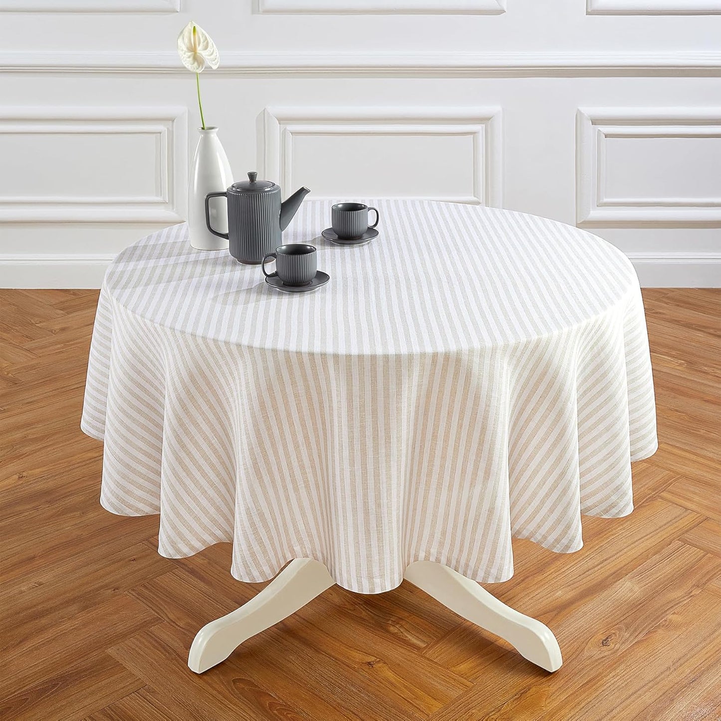 Solino Home Linen Tablecloth 60 x 90 Inch - Amalfi Stripe 100% Pure Linen Natural and White Table Cloth for Rectangle Tables - Machine Washable Tablecloth for Fall, Autumn, Thanksgiving
