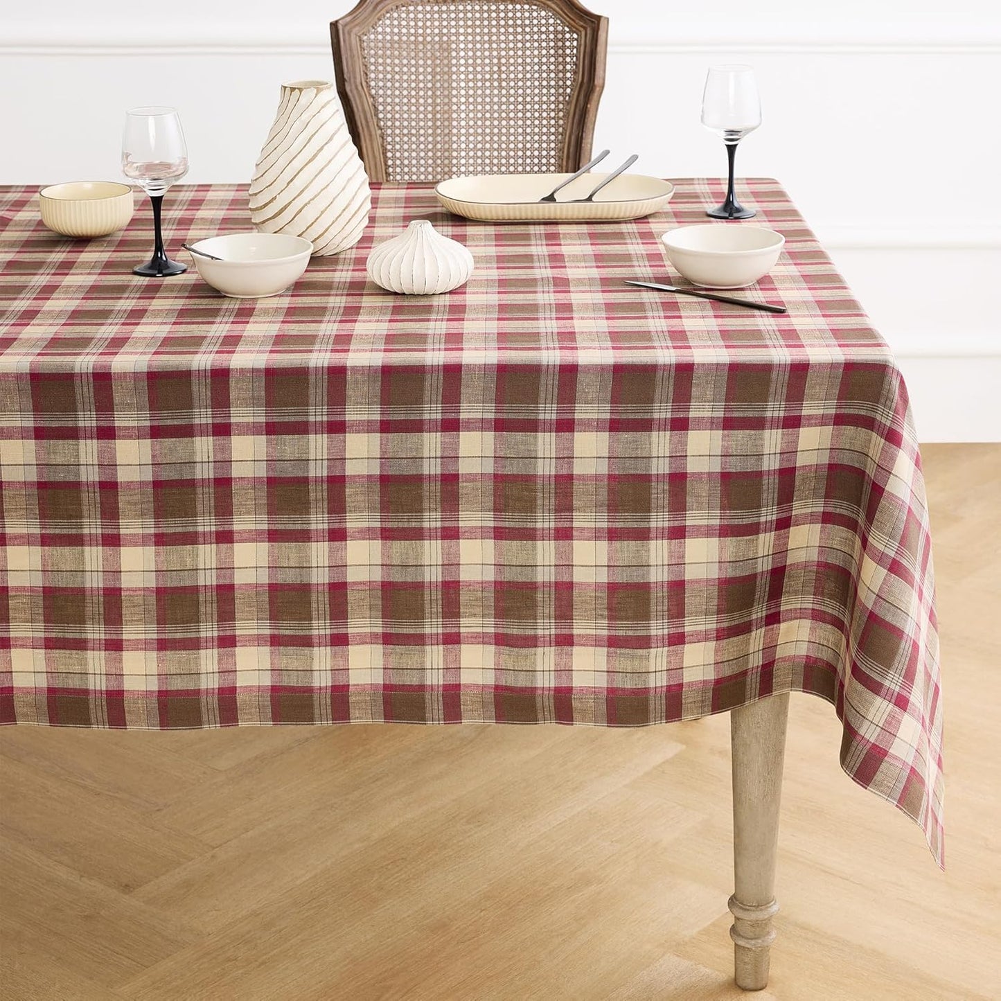 Solino Home Plaid Linen Tablecloth 60 x 108 Inch - 100% Pure Linen Orange Plaid Table Cloth for Rectangle Tables - Machine Washable Tablecloth for Fall, Autumn, Halloween, Thanksgiving