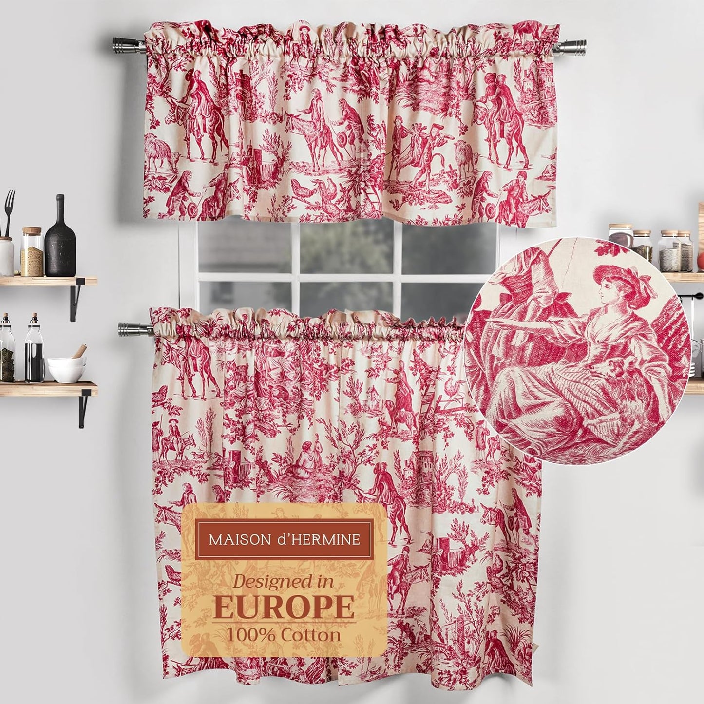 Maison d'Hermine Kitchen Curtains Sets for Windows 100% Cotton Set of Kitchen Curtains Valances for Cafe Home [2 Tiers (28"X36") and 1 Valance (56"X18")] - Easter Decorations (Passiflora)