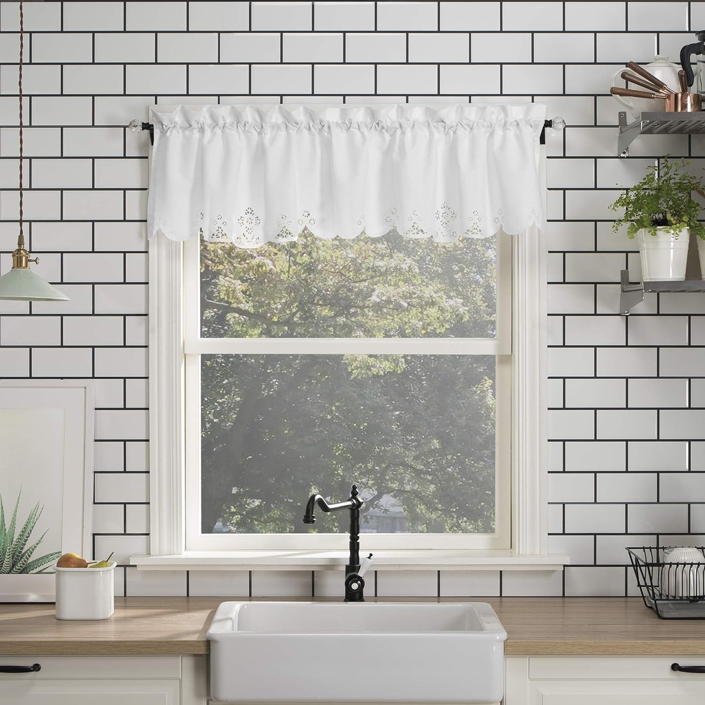 No. 918 Mariela Floral Trim Semi-Sheer Rod Pocket Kitchen Curtain Valance and Tiers Set, 58" x 24", White