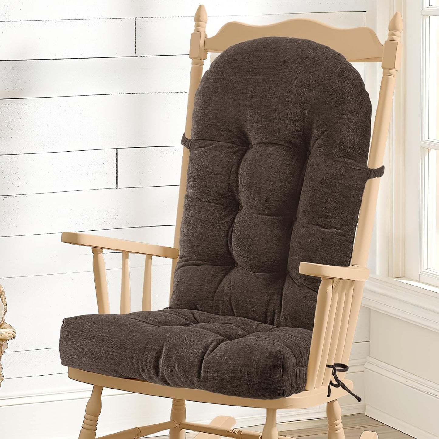 Rocking Chair Cushion - Chenille Fabric, High-Density Sponge, Durable Comfort Non-Slip Bottom Tufted Seat Pads with Ties, Chenille︱Oyster White, 44x19x4 inch