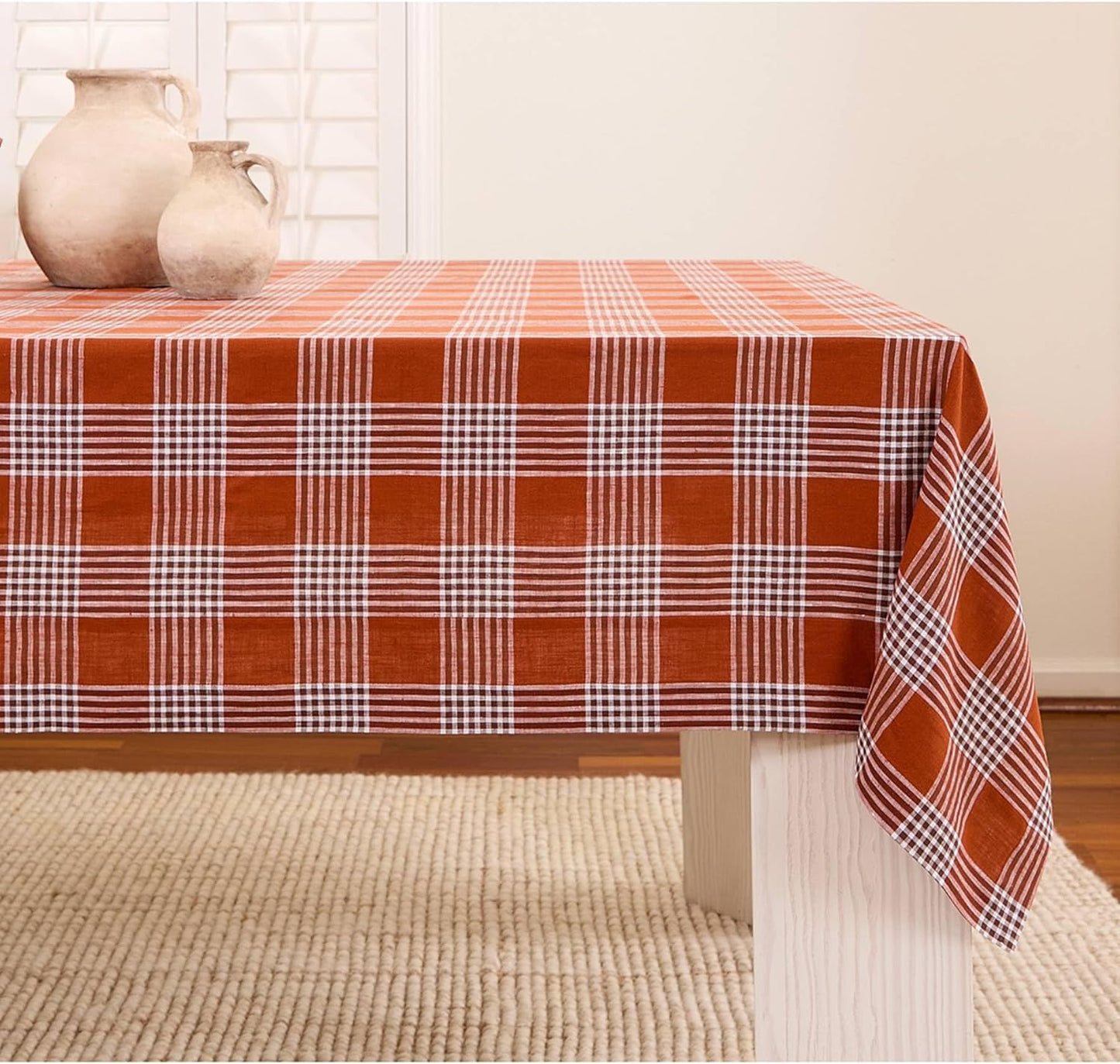 Solino Home Plaid Linen Tablecloth 60 x 108 Inch - 100% Pure Linen Orange Plaid Table Cloth for Rectangle Tables - Machine Washable Tablecloth for Fall, Autumn, Halloween, Thanksgiving