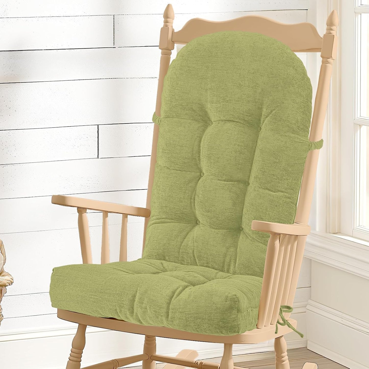 Rocking Chair Cushion - Chenille Fabric, High-Density Sponge, Durable Comfort Non-Slip Bottom Tufted Seat Pads with Ties, Chenille︱Oyster White, 44x19x4 inch