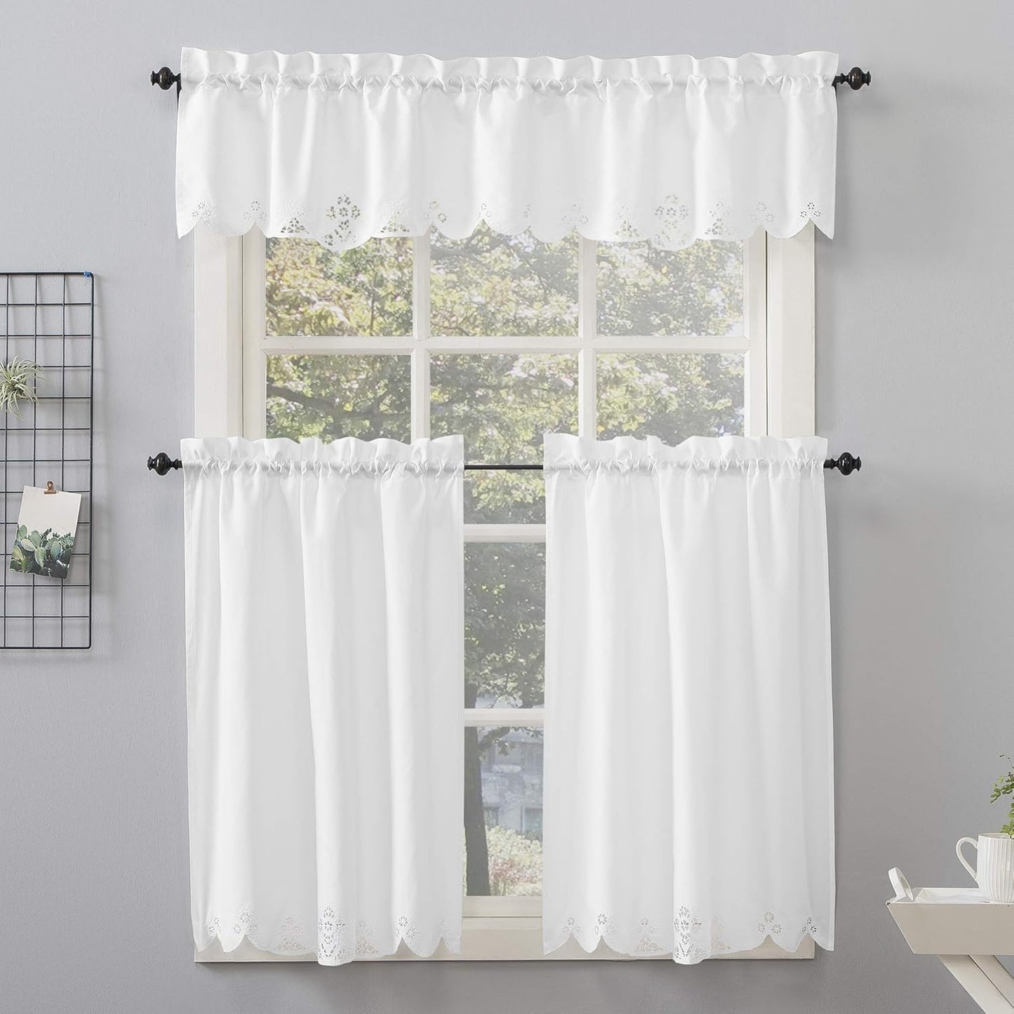 No. 918 Mariela Floral Trim Semi-Sheer Rod Pocket Kitchen Curtain Valance and Tiers Set, 58" x 24", White