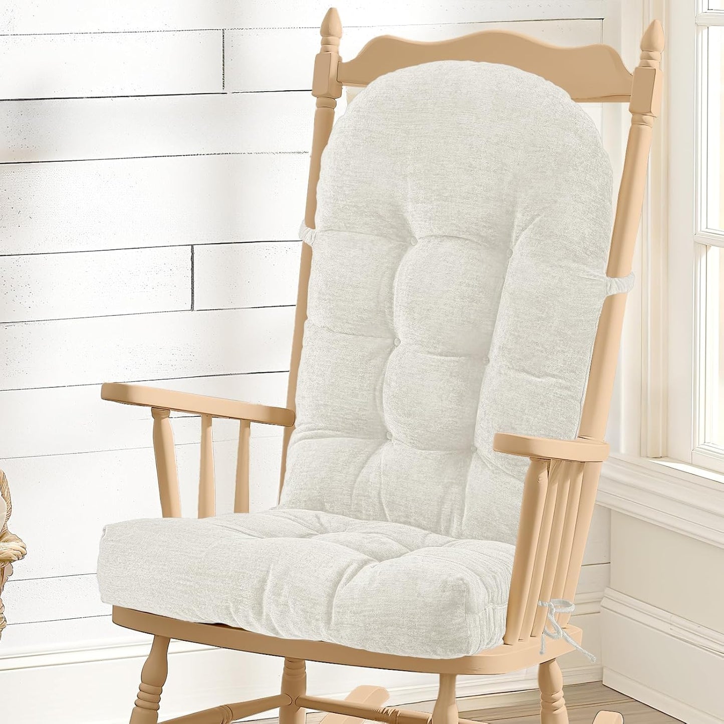 Rocking Chair Cushion - Chenille Fabric, High-Density Sponge, Durable Comfort Non-Slip Bottom Tufted Seat Pads with Ties, Chenille︱Oyster White, 44x19x4 inch