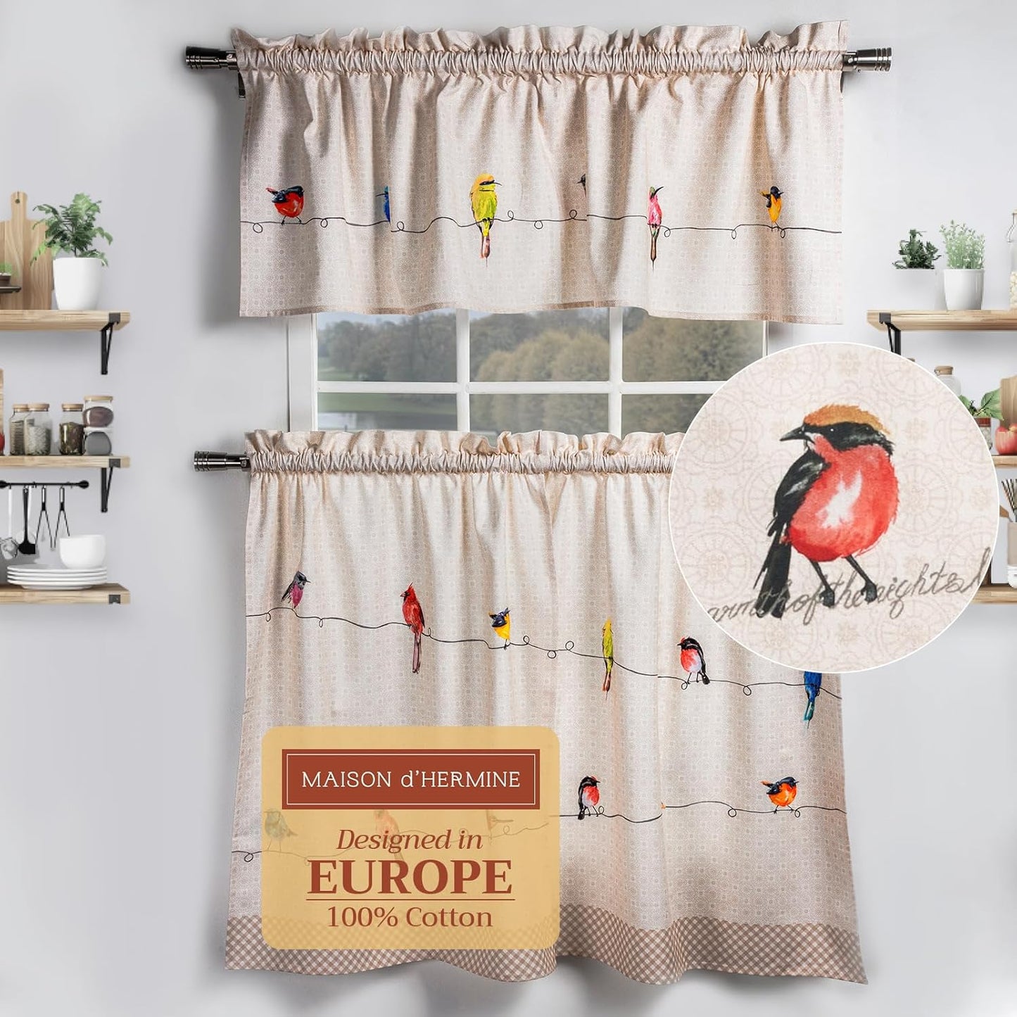 Maison d'Hermine Kitchen Curtains Sets for Windows 100% Cotton Set of Kitchen Curtains Valances for Cafe Home [2 Tiers (28"X36") and 1 Valance (56"X18")] - Easter Decorations (Passiflora)