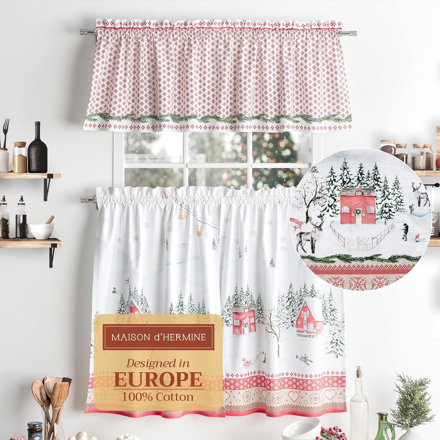 Maison d'Hermine Kitchen Curtains Sets for Windows 100% Cotton Set of Kitchen Curtains Valances for Cafe Home [2 Tiers (28"X36") and 1 Valance (56"X18")] - Easter Decorations (Passiflora)