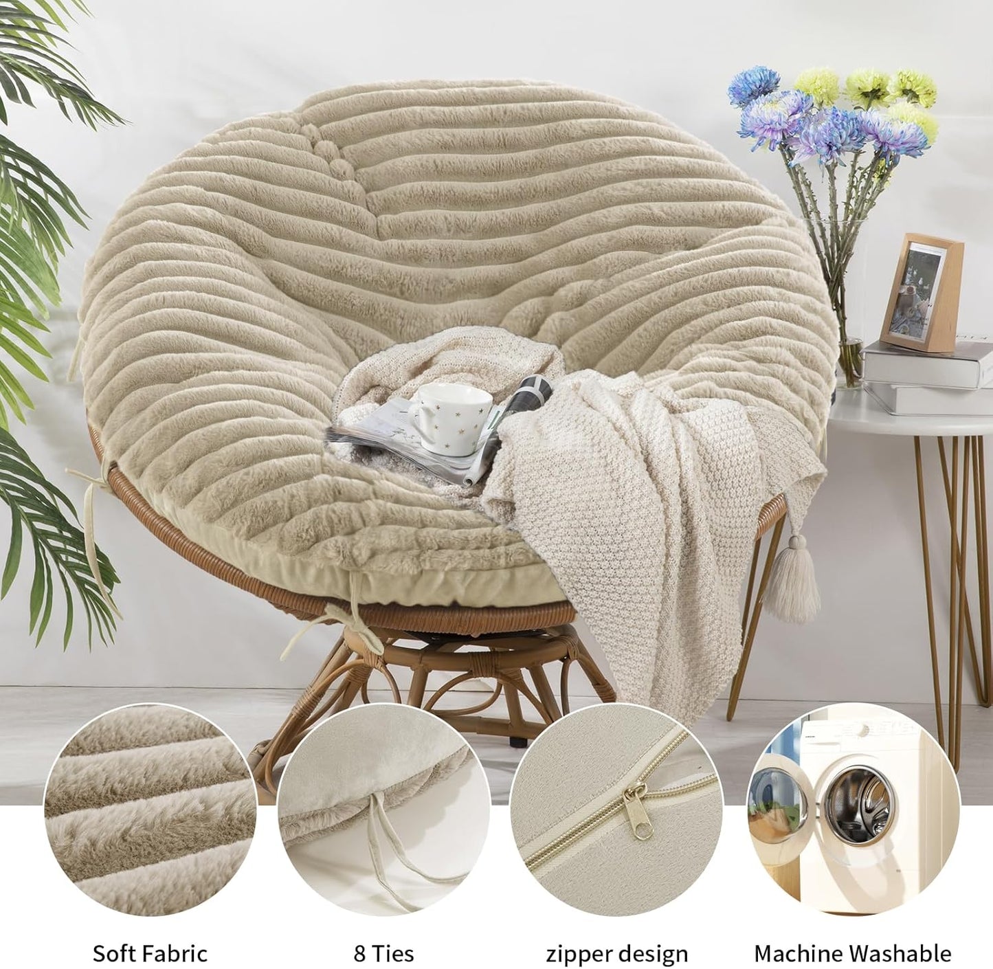 HOMBYS Fluffy Shaggy Cover for Papasan Chair Cushion, Plush Faux Fur Slipcover ONLY, (Without Cushion) Removable Soft Papasan Cushion Covers with 8 Ties, (Khaki, 55"x55")