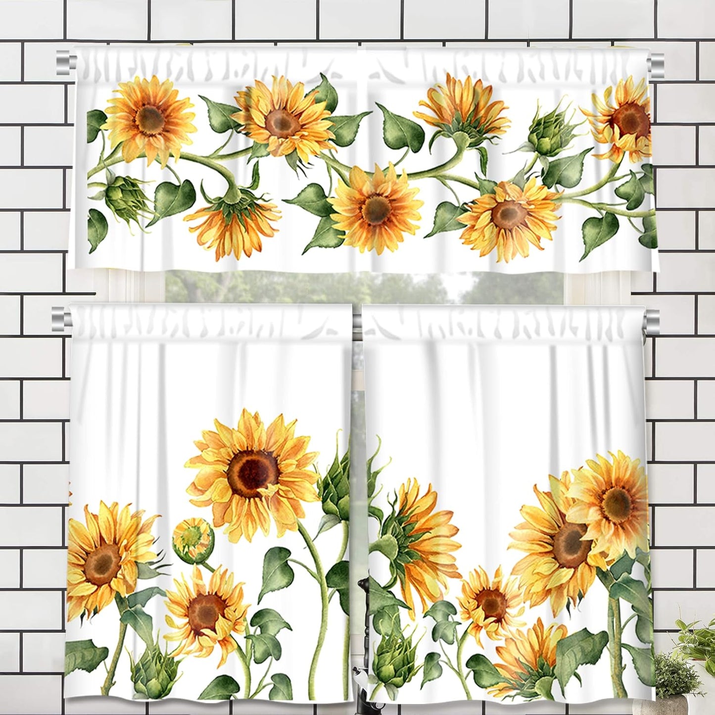 3-Piece Sunflower Kitchen Curtain Set - Valance and Tiers with Rod Pocket - 58wx14h+(28wx36h)*2 - Floral Dining Room Window Treatment