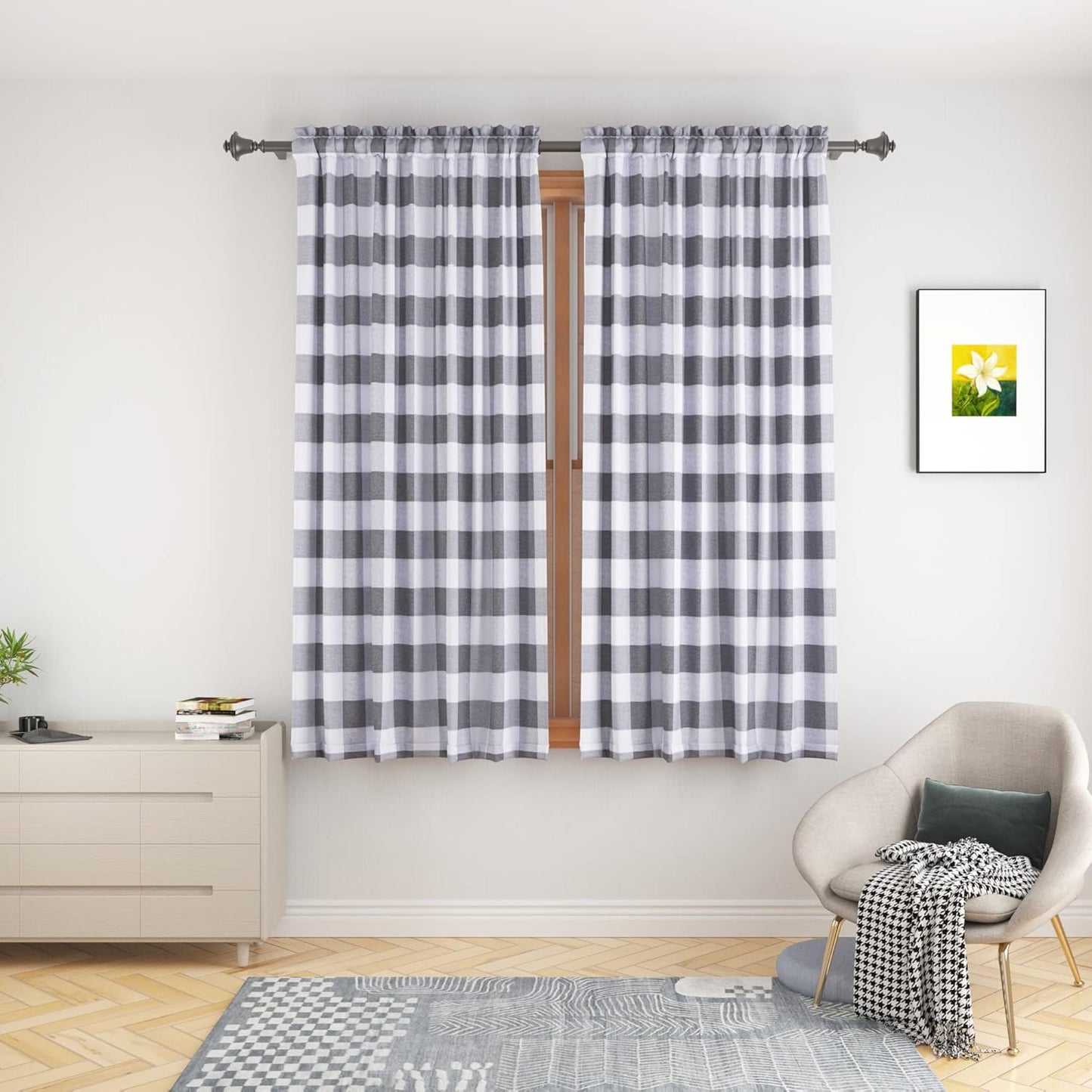UPOPO Buffalo Check Window Curtains 63 inches Long Living Room Bedroom Cotton Plaid Gingham Farmhouse Rustic Decor Curtains 2 Panels Rod Pocket Kitchen Basement Curtain Panels Navy Blue White 52"x63"