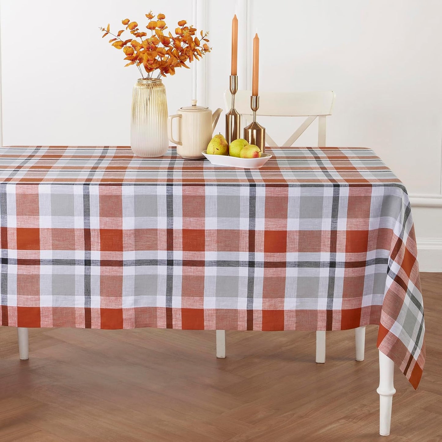 Solino Home Plaid Linen Tablecloth 60 x 108 Inch - 100% Pure Linen Orange Plaid Table Cloth for Rectangle Tables - Machine Washable Tablecloth for Fall, Autumn, Halloween, Thanksgiving