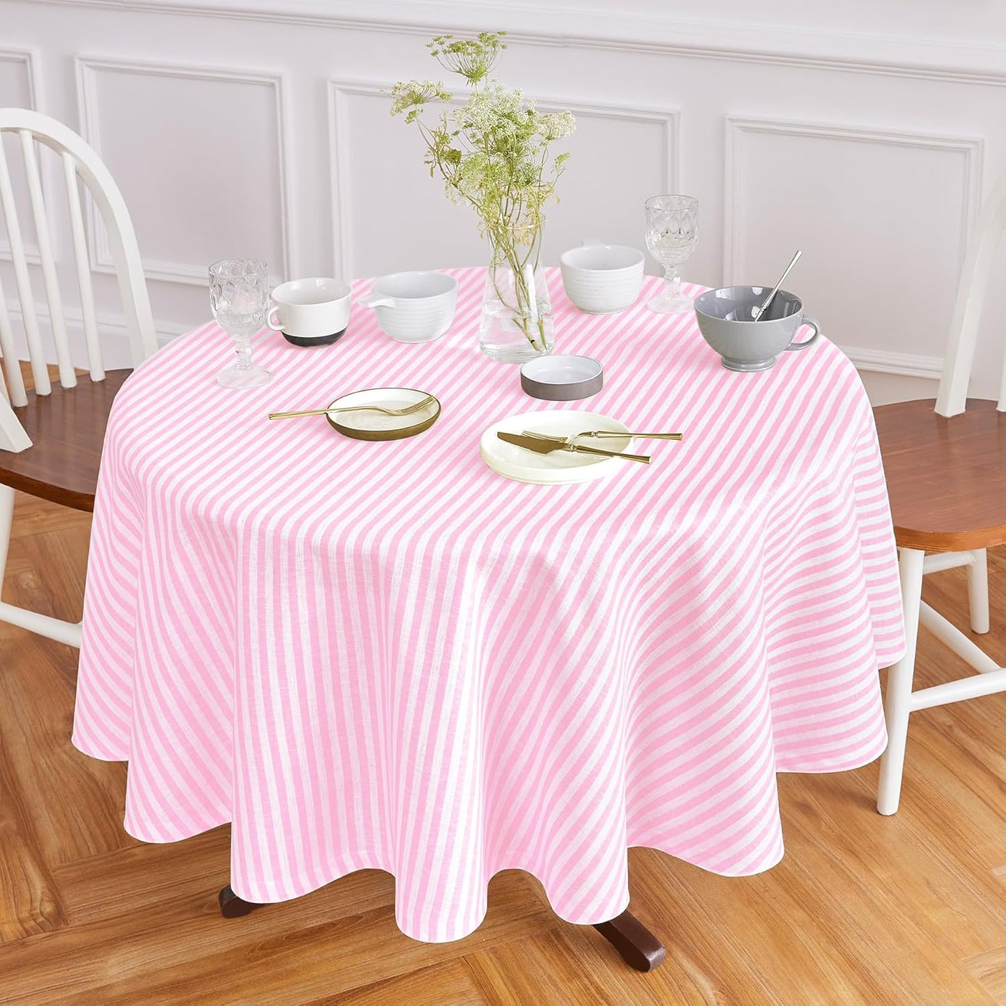 Solino Home Linen Tablecloth 60 x 90 Inch - Amalfi Stripe 100% Pure Linen Natural and White Table Cloth for Rectangle Tables - Machine Washable Tablecloth for Fall, Autumn, Thanksgiving