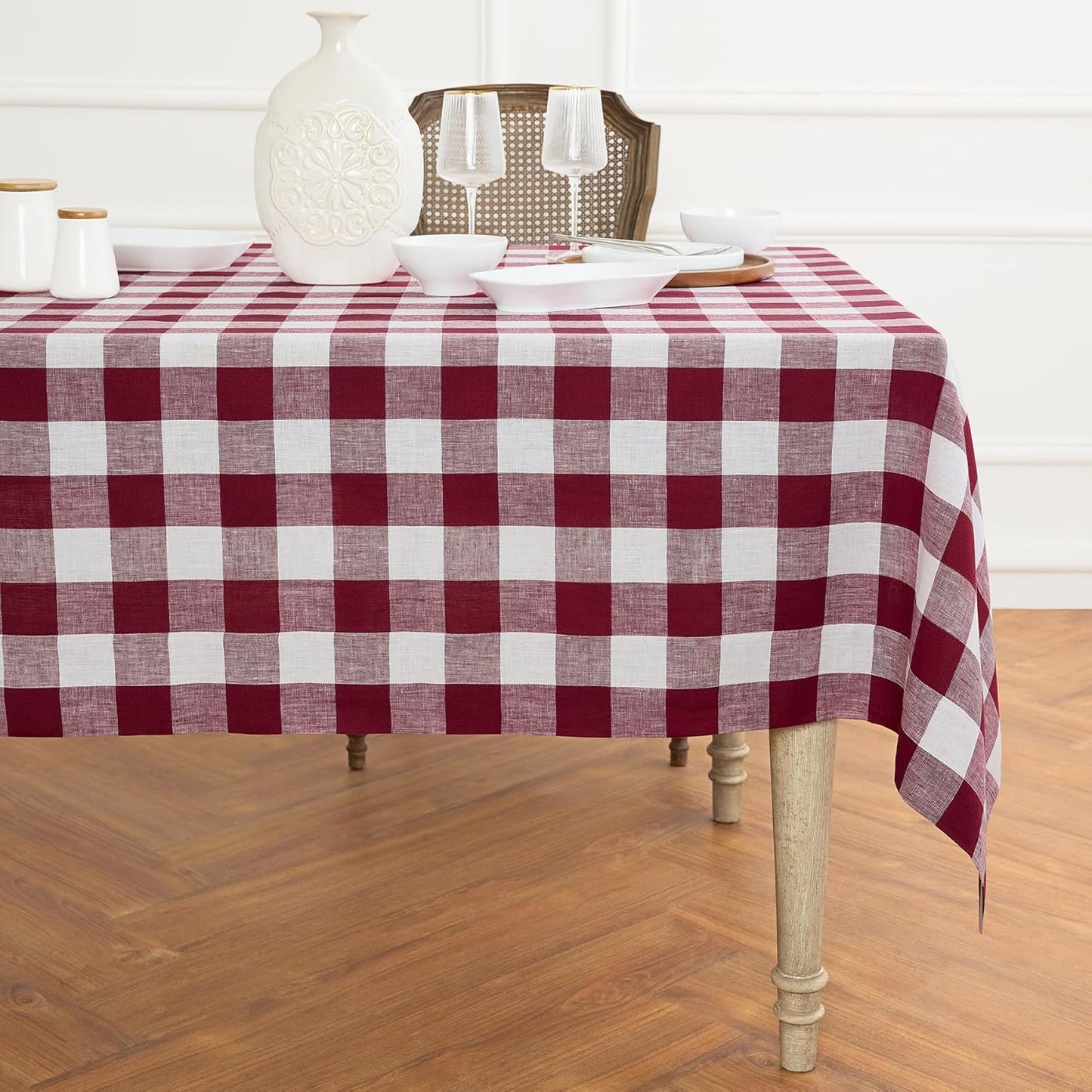 Solino Home Linen Buffalo Plaid Tablecloth 60 x 90 Inch - 100% Pure Linen Natural and White Checkered Table Cloth for Rectangle Tables - Machine Washable Tablecloth for Fall, Autumn, Thanksgiving