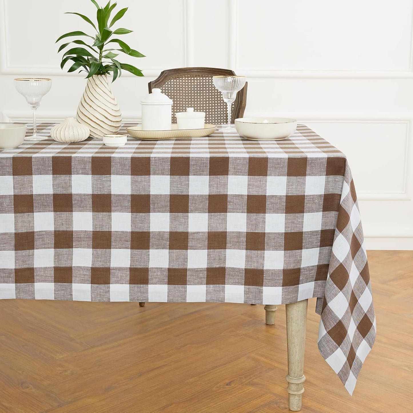 Solino Home Linen Buffalo Plaid Tablecloth 60 x 90 Inch - 100% Pure Linen Natural and White Checkered Table Cloth for Rectangle Tables - Machine Washable Tablecloth for Fall, Autumn, Thanksgiving