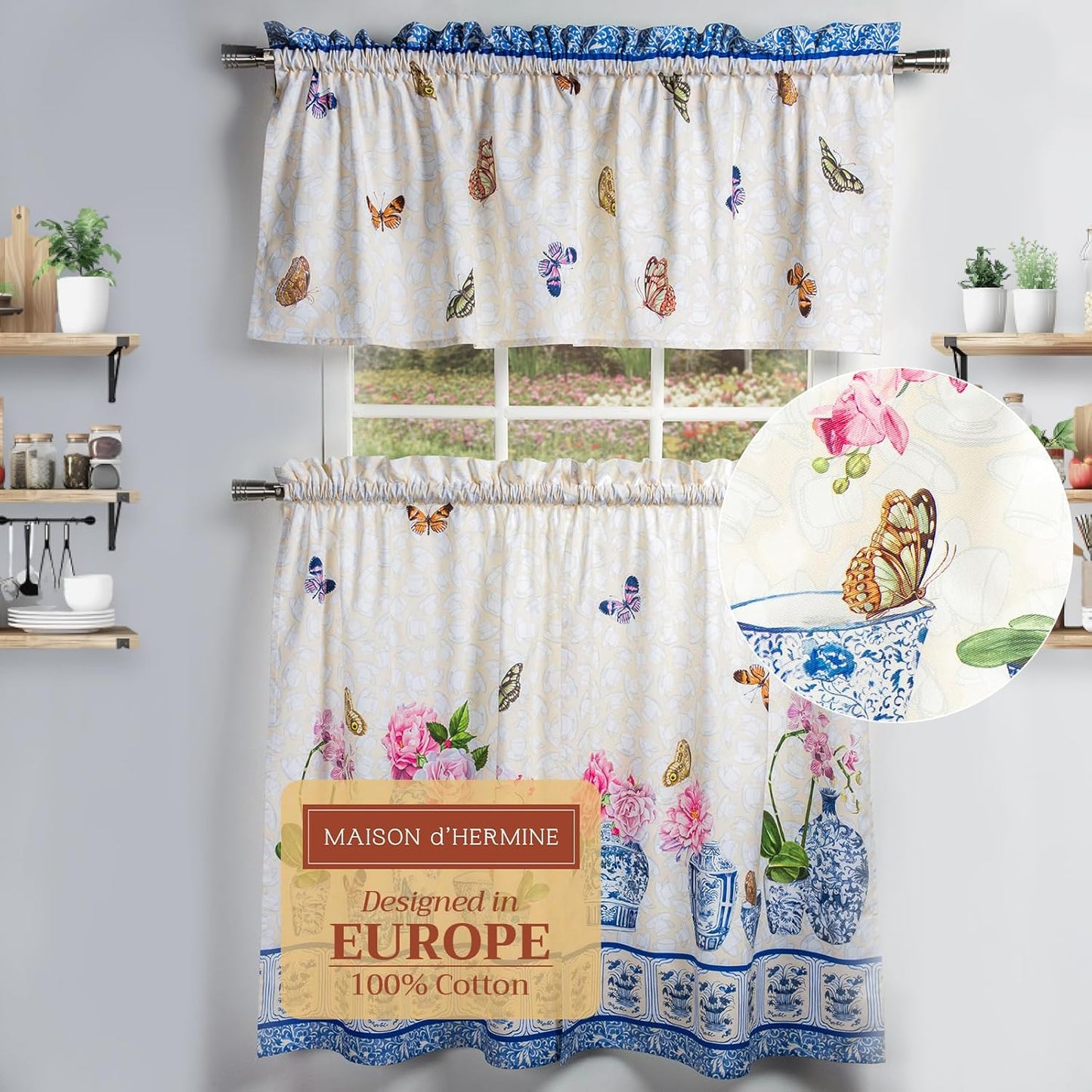 Maison d'Hermine Kitchen Curtains Sets for Windows 100% Cotton Set of Kitchen Curtains Valances for Cafe Home [2 Tiers (28"X36") and 1 Valance (56"X18")] - Easter Decorations (Passiflora)