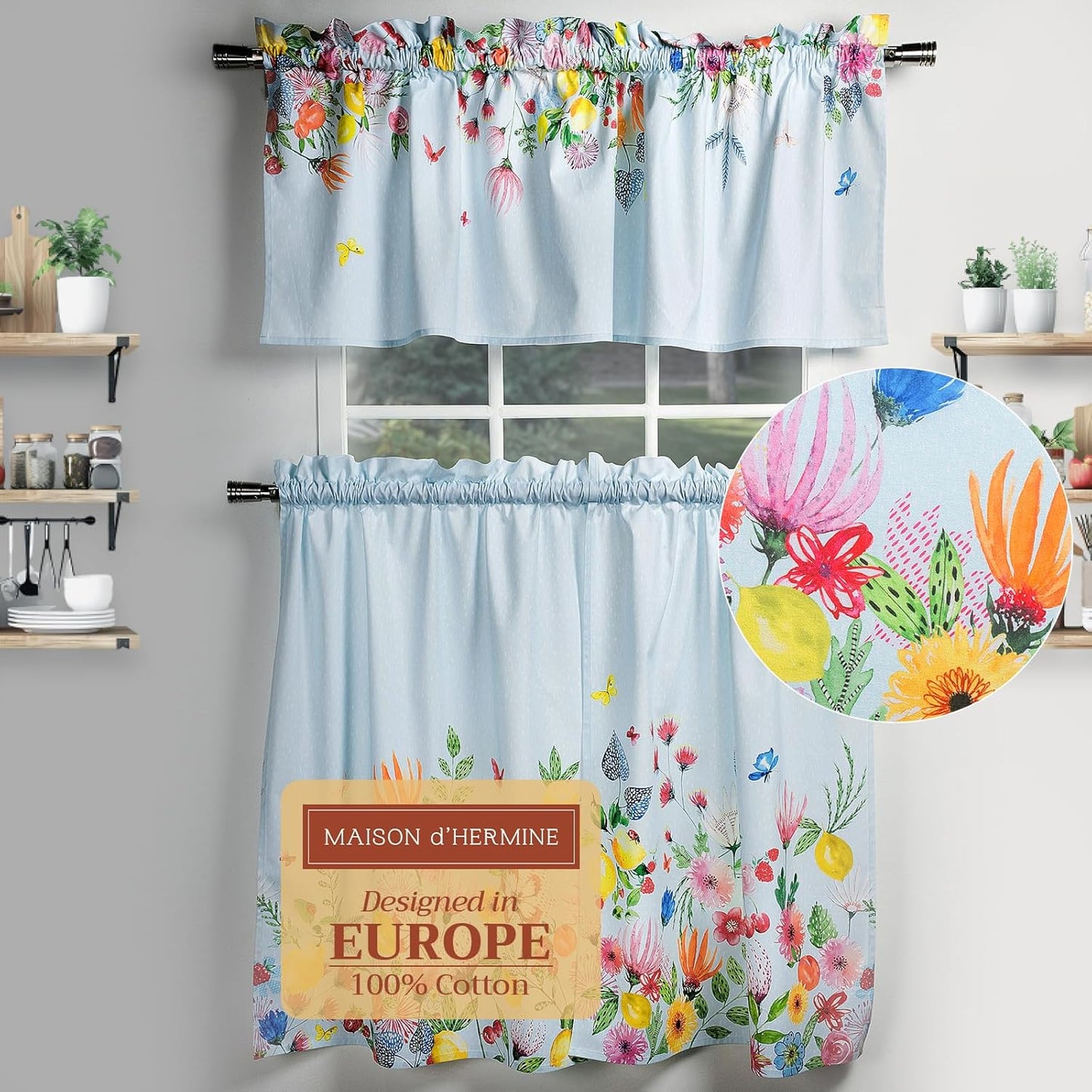 Maison d'Hermine Kitchen Curtains Sets for Windows 100% Cotton Set of Kitchen Curtains Valances for Cafe Home [2 Tiers (28"X36") and 1 Valance (56"X18")] - Easter Decorations (Happy Florals)