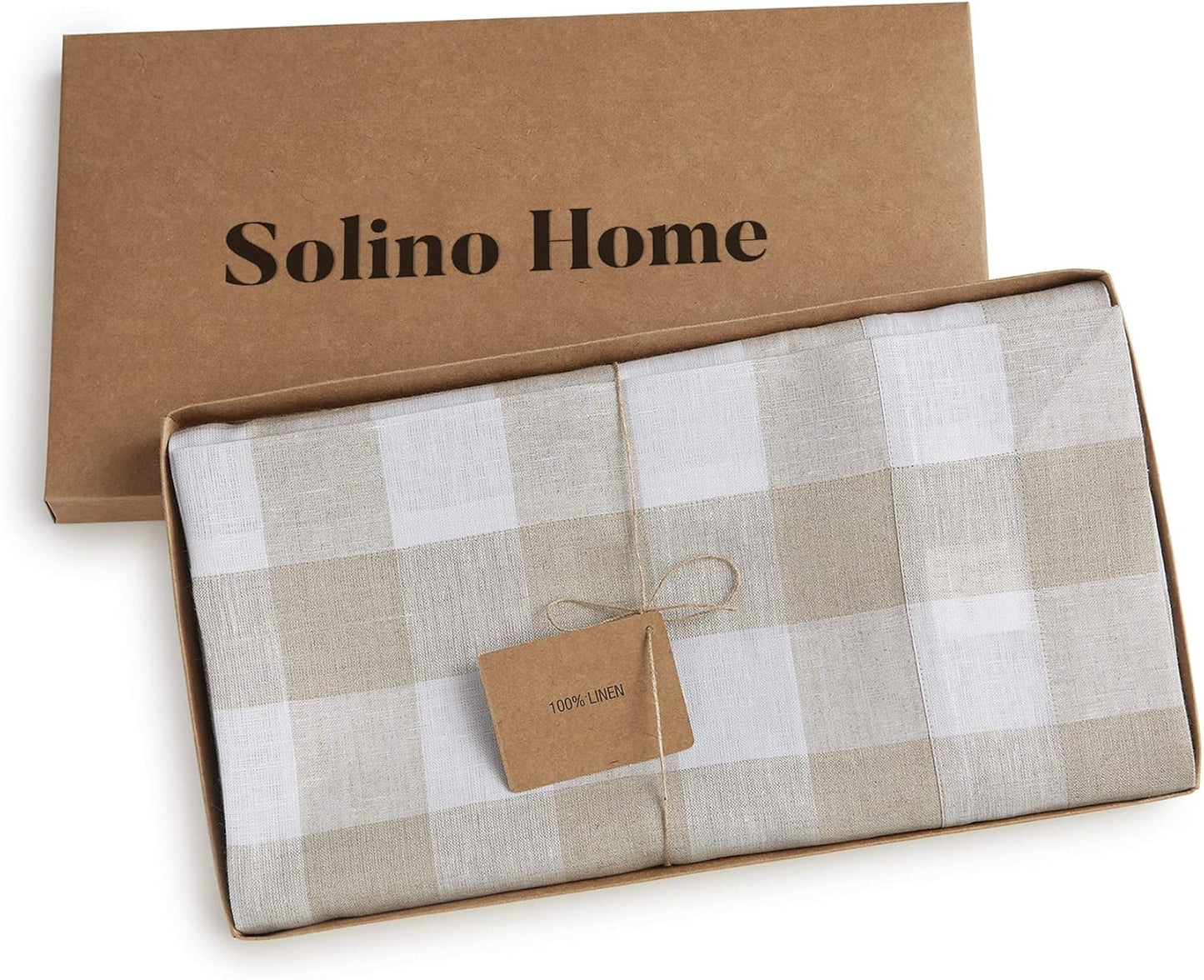 Solino Home Linen Buffalo Plaid Tablecloth 60 x 90 Inch - 100% Pure Linen Natural and White Checkered Table Cloth for Rectangle Tables - Machine Washable Tablecloth for Fall, Autumn, Thanksgiving