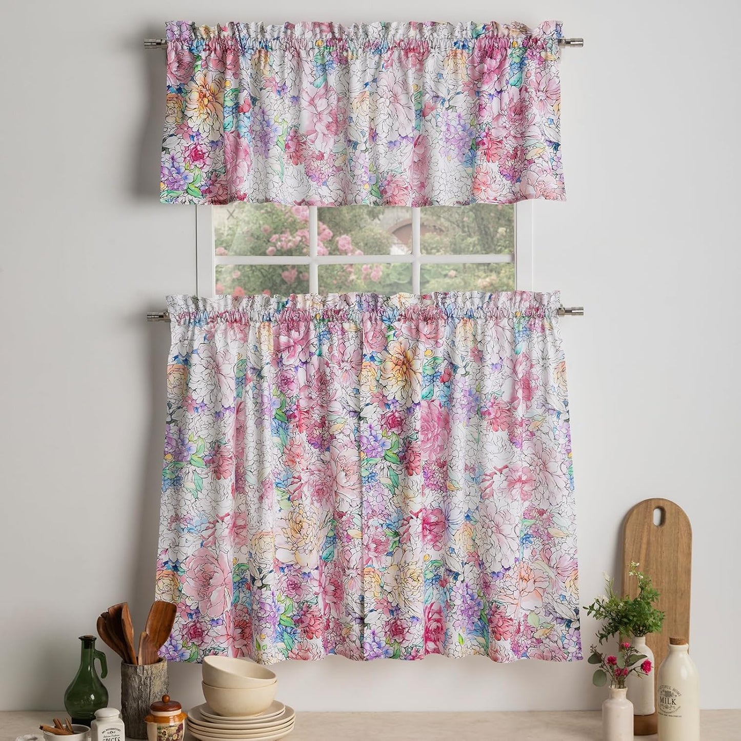 Maison d'Hermine Kitchen Curtains Sets for Windows 100% Cotton Set of Kitchen Curtains Valances for Cafe Home [2 Tiers (28"X36") and 1 Valance (56"X18")] - Easter Decorations (Happy Florals)