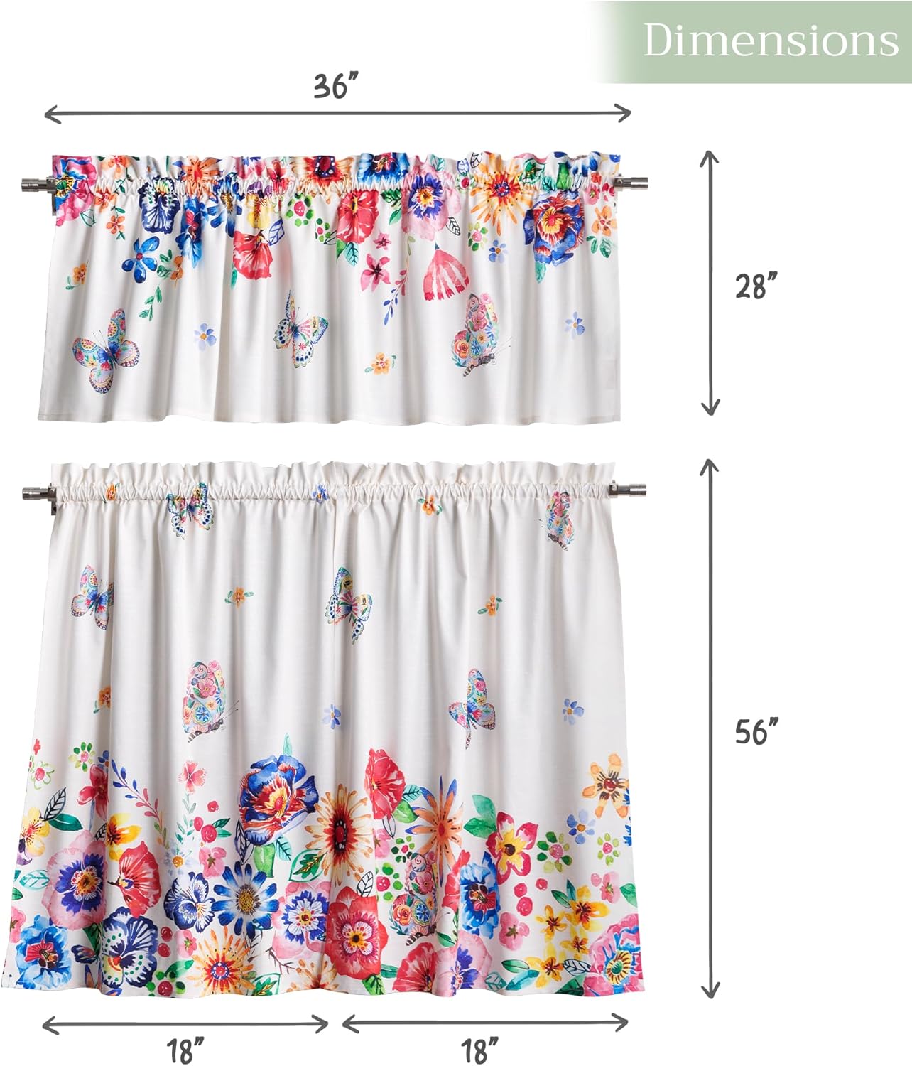 Maison d'Hermine Kitchen Curtains Sets for Windows 100% Cotton Set of Kitchen Curtains Valances for Cafe Home [2 Tiers (28"X36") and 1 Valance (56"X18")] - Easter Decorations (Happy Florals)