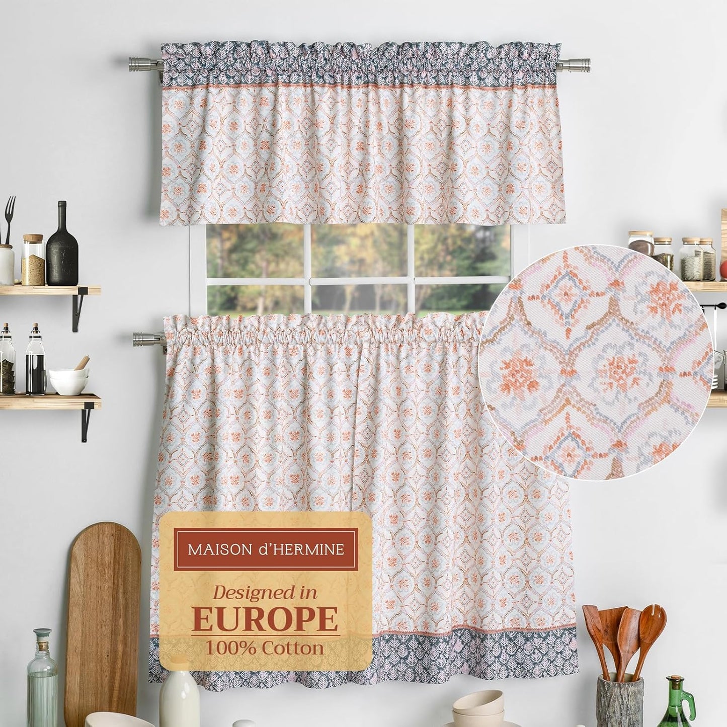 Maison d'Hermine Kitchen Curtains Sets for Windows 100% Cotton Set of Kitchen Curtains Valances for Cafe Home [2 Tiers (28"X36") and 1 Valance (56"X18")] - Easter Decorations (Happy Florals)