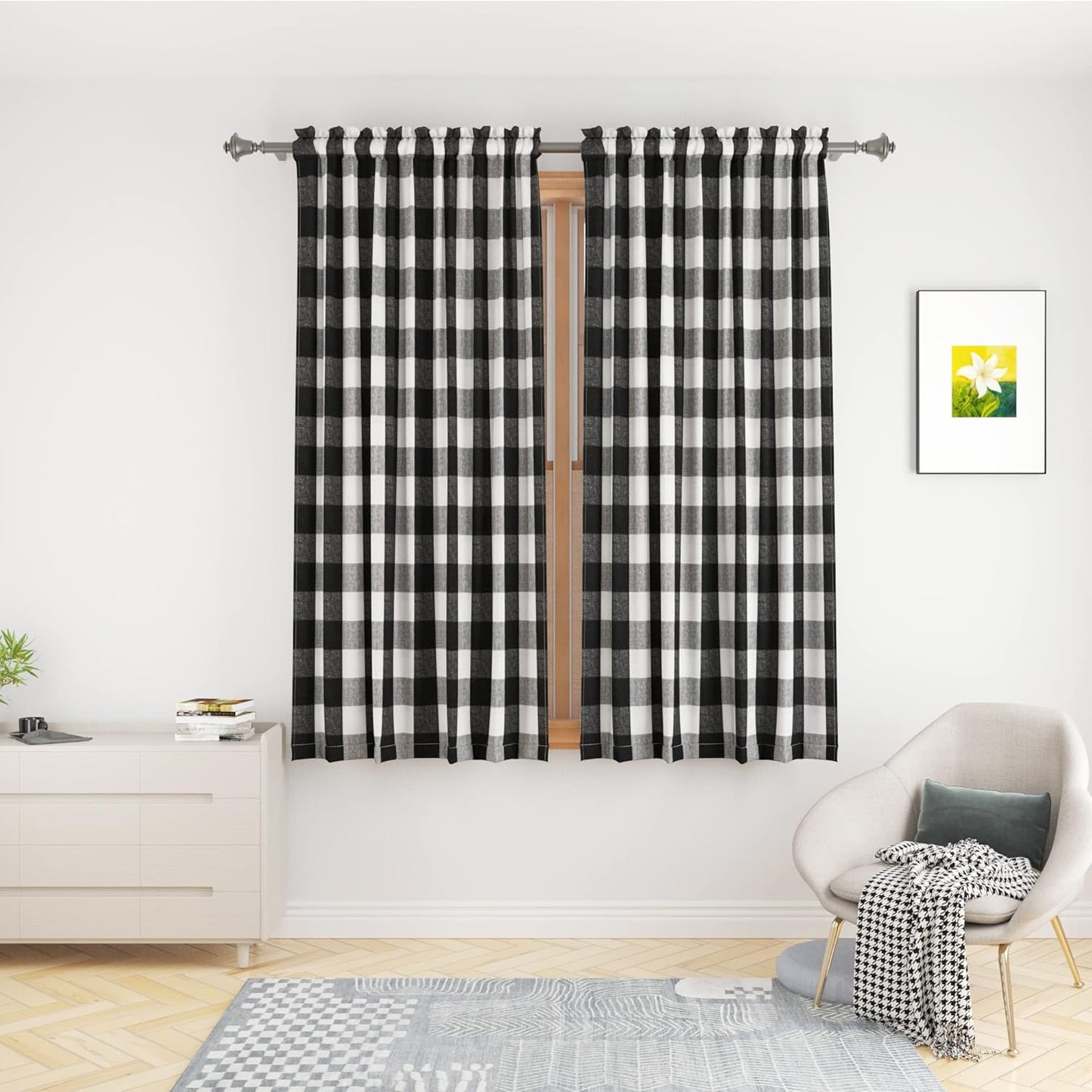 UPOPO Buffalo Check Window Curtains 63 inches Long Living Room Bedroom Cotton Plaid Gingham Farmhouse Rustic Decor Curtains 2 Panels Rod Pocket Kitchen Basement Curtain Panels Navy Blue White 52"x63"