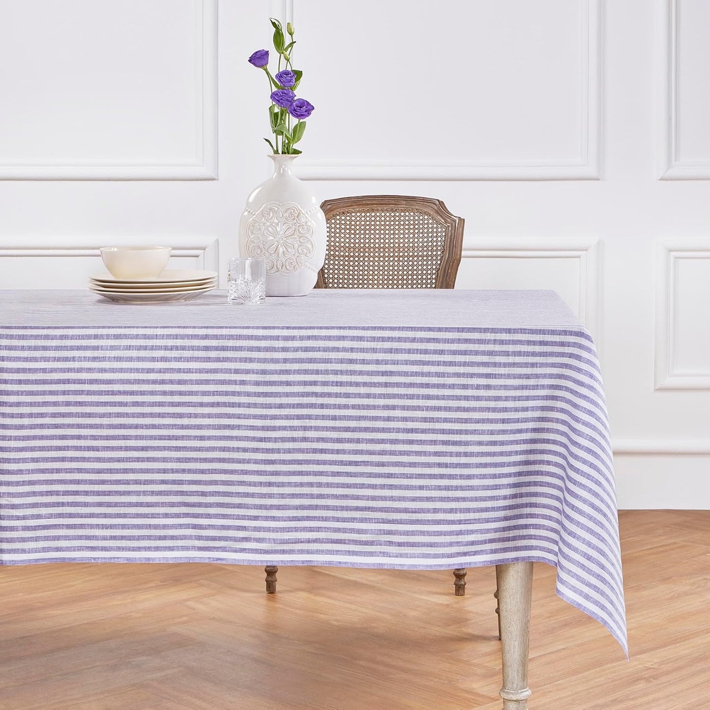 Solino Home Linen Tablecloth 60 x 90 Inch - Amalfi Stripe 100% Pure Linen Natural and White Table Cloth for Rectangle Tables - Machine Washable Tablecloth for Fall, Autumn, Thanksgiving
