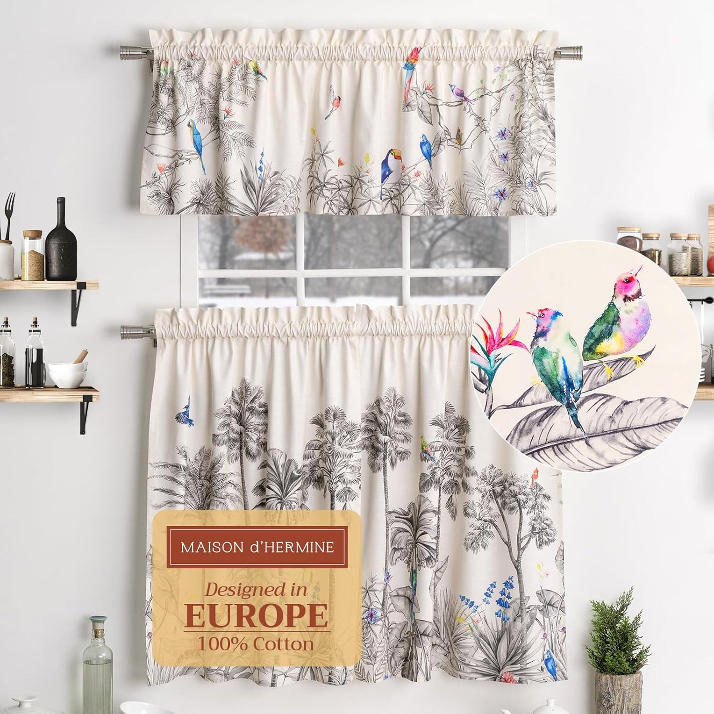 Maison d'Hermine Kitchen Curtains Sets for Windows 100% Cotton Set of Kitchen Curtains Valances for Cafe Home [2 Tiers (28"X36") and 1 Valance (56"X18")] - Easter Decorations (Passiflora)