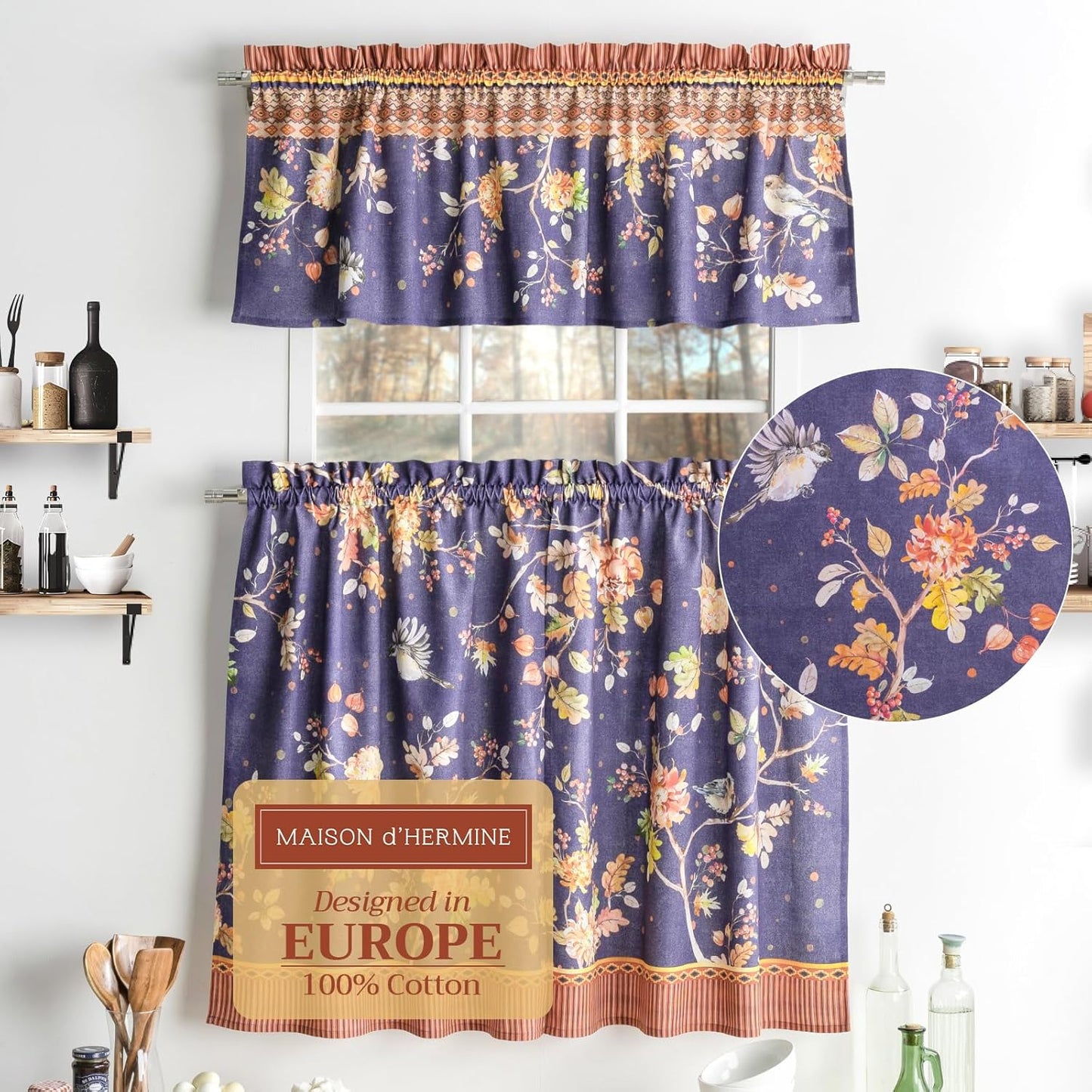 Maison d'Hermine Kitchen Curtains Sets for Windows 100% Cotton Set of Kitchen Curtains Valances for Cafe Home [2 Tiers (28"X36") and 1 Valance (56"X18")] - Easter Decorations (Happy Florals)