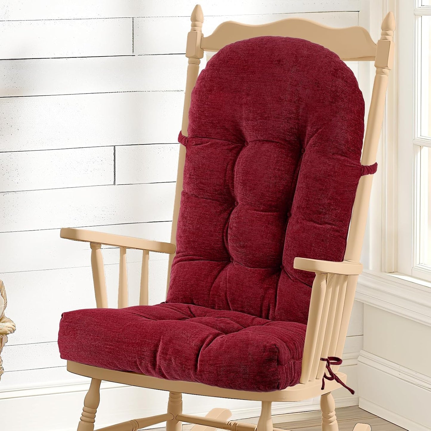 Rocking Chair Cushion - Chenille Fabric, High-Density Sponge, Durable Comfort Non-Slip Bottom Tufted Seat Pads with Ties, Chenille︱Oyster White, 44x19x4 inch
