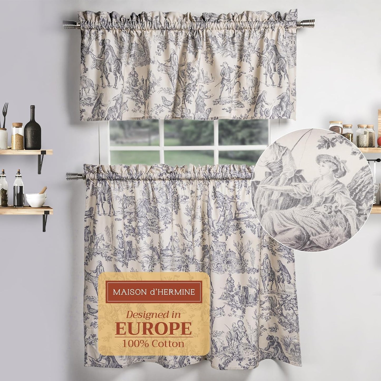 Maison d'Hermine Kitchen Curtains Sets for Windows 100% Cotton Set of Kitchen Curtains Valances for Cafe Home [2 Tiers (28"X36") and 1 Valance (56"X18")] - Easter Decorations (Passiflora)
