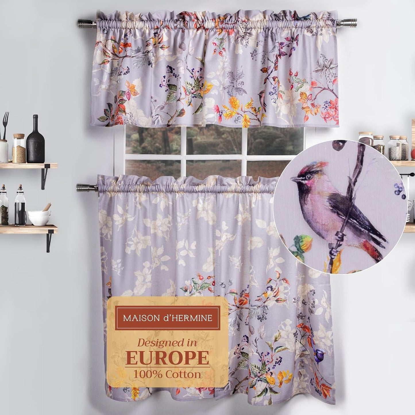 Maison d'Hermine Kitchen Curtains Sets for Windows 100% Cotton Set of Kitchen Curtains Valances for Cafe Home [2 Tiers (28"X36") and 1 Valance (56"X18")] - Easter Decorations (Passiflora)