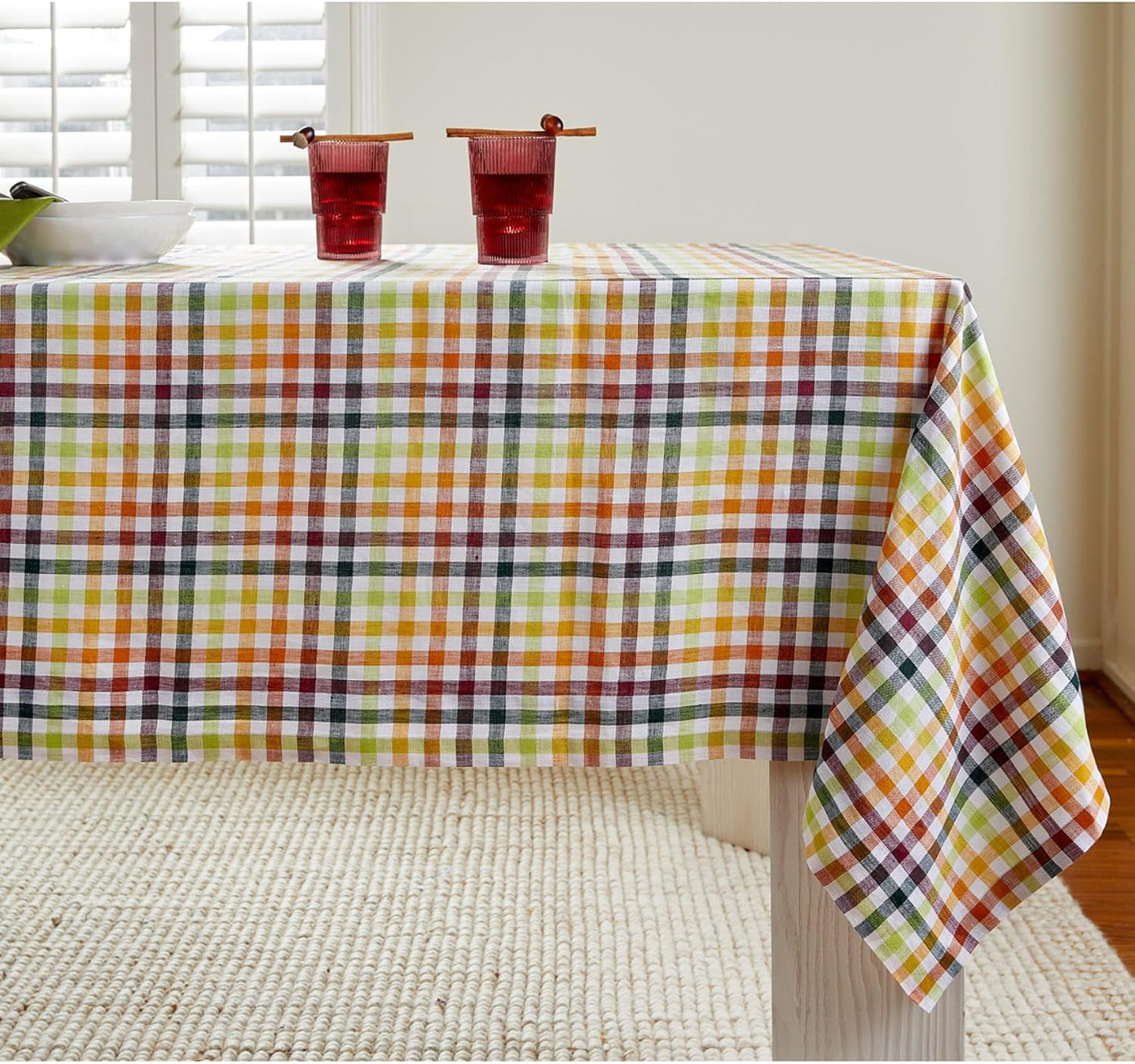 Solino Home Linen Tablecloth 60 x 108 Inch - 100% Pure Linen Gingham Checkered Natural Tablecloth for Rectangular Tables - Machine Washable Table Cloth for Fall, Autumn, Thanksgiving